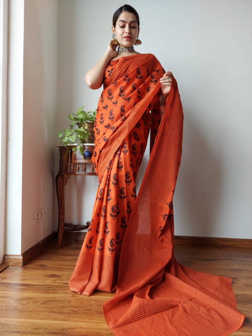 orange cotton saree