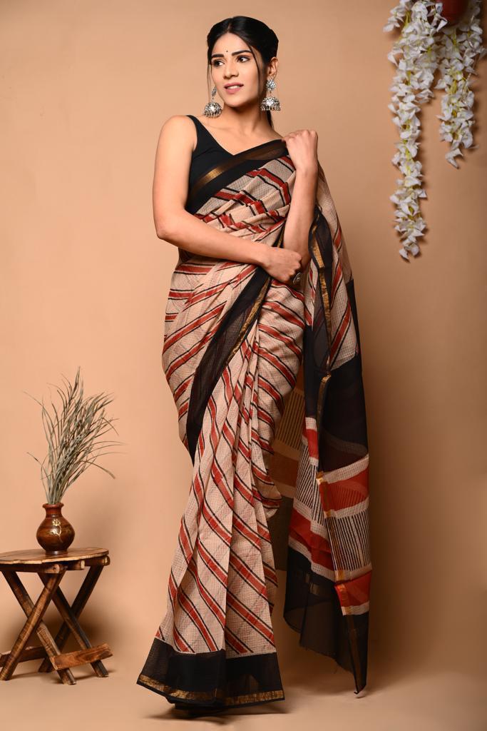 Maroon Block Print Kota Doria Saree
