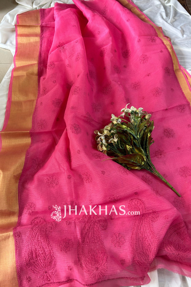 Pink Kota Doria Chikankari Work Saree