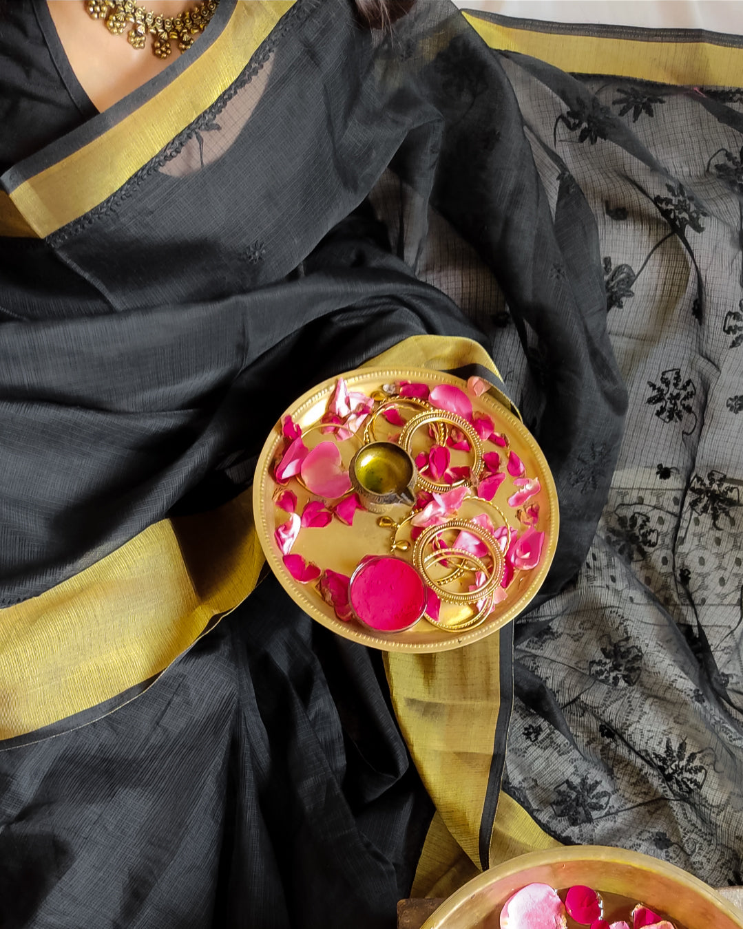 Kota Doria Chikankari Work Saree In Black