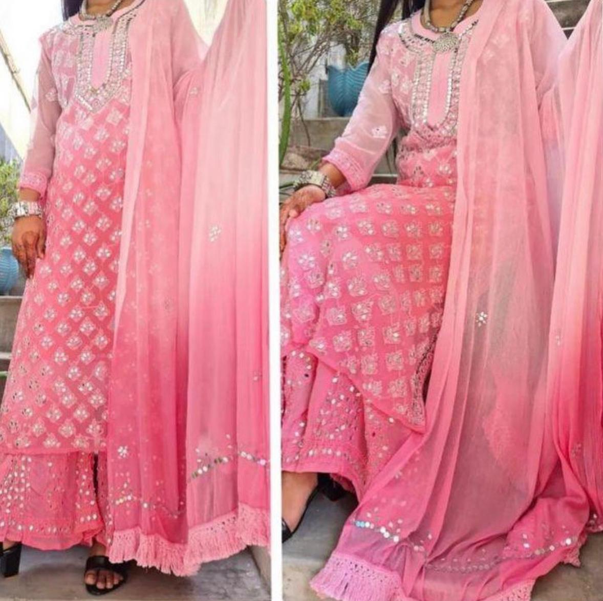 Pink Mirror Work Chikankari Sharara Set