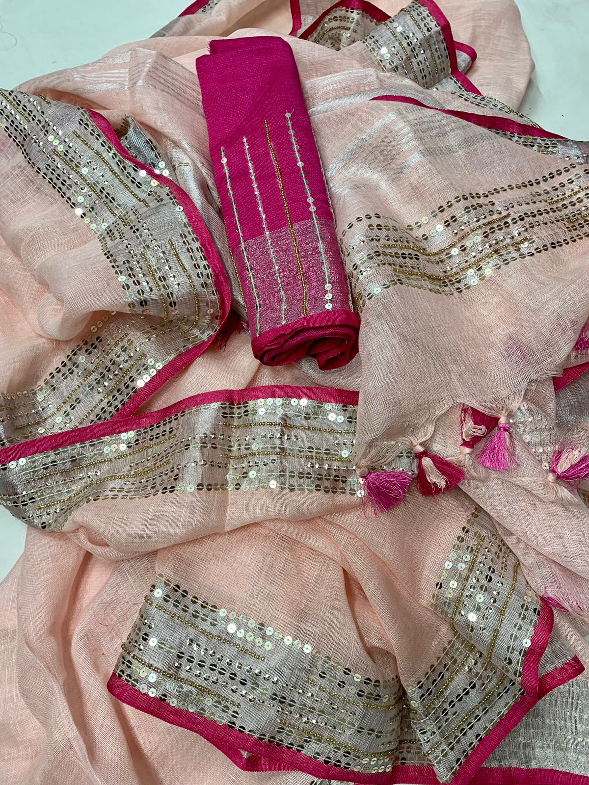 Peach Linen Embroidred Saree In BabyPink