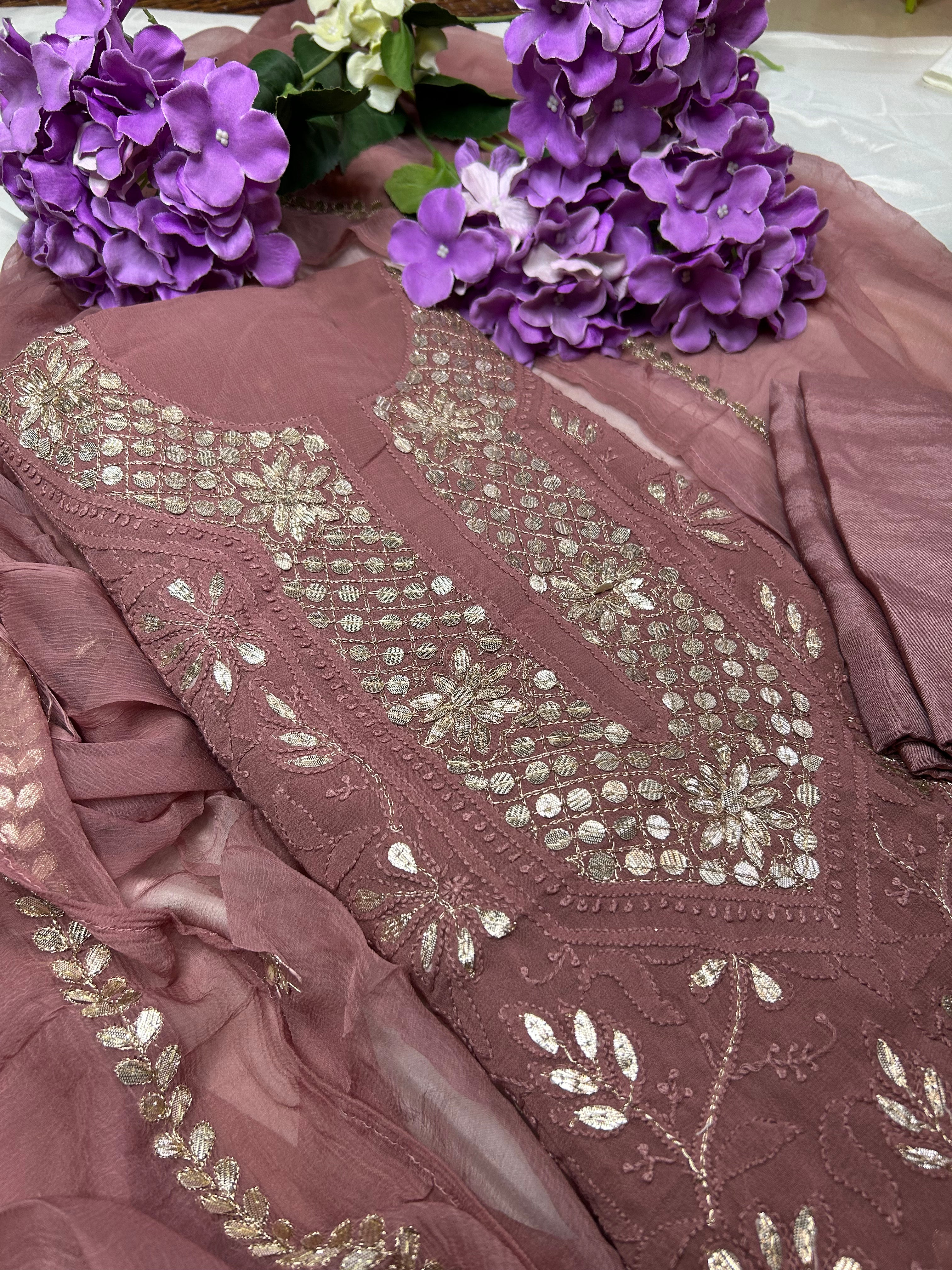 Chestnut Brown Gota work Chinkari on unstitched salwar kameez fabric