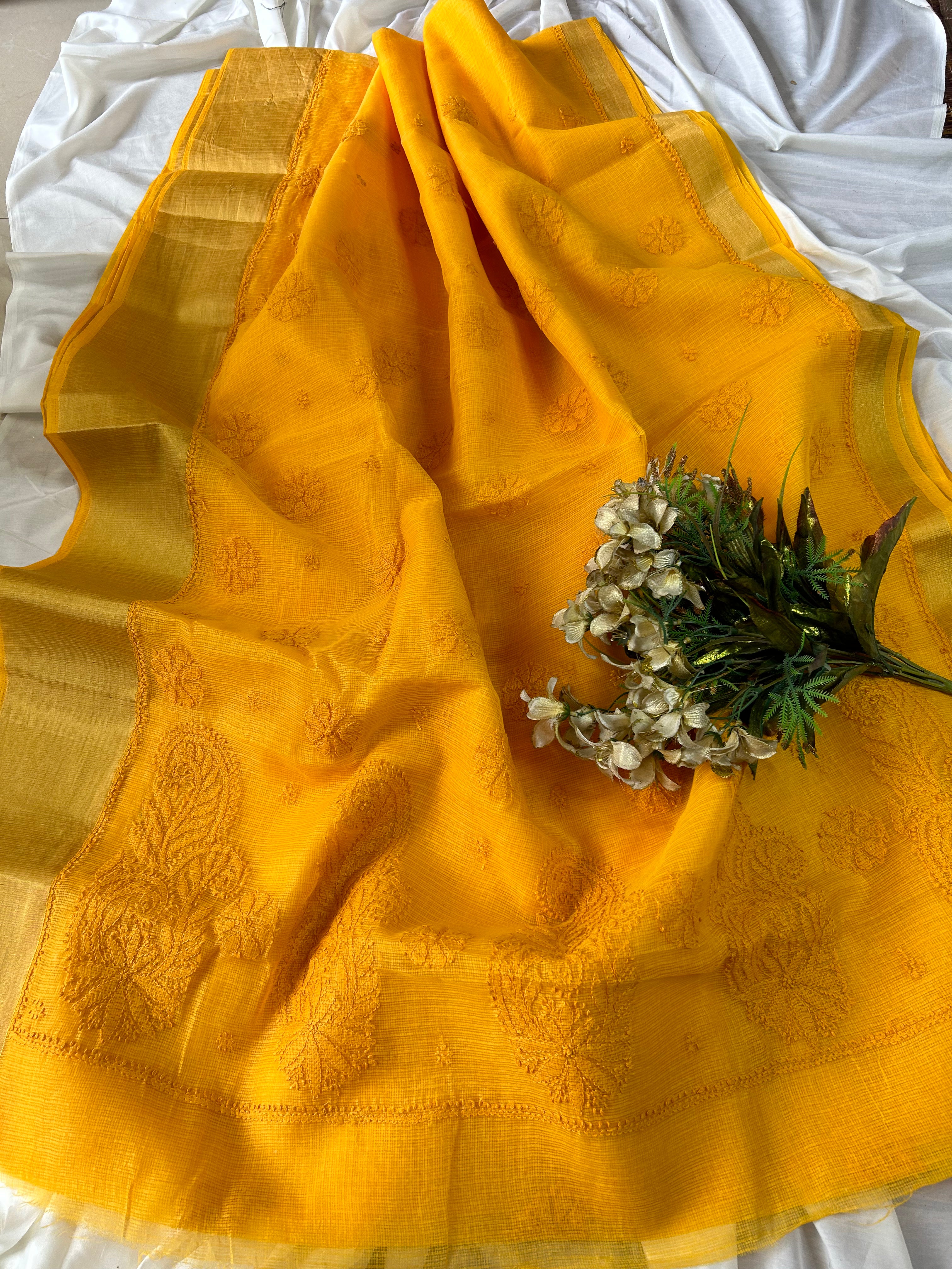 New Kota Doria Chikankari Work Saree In Yellow