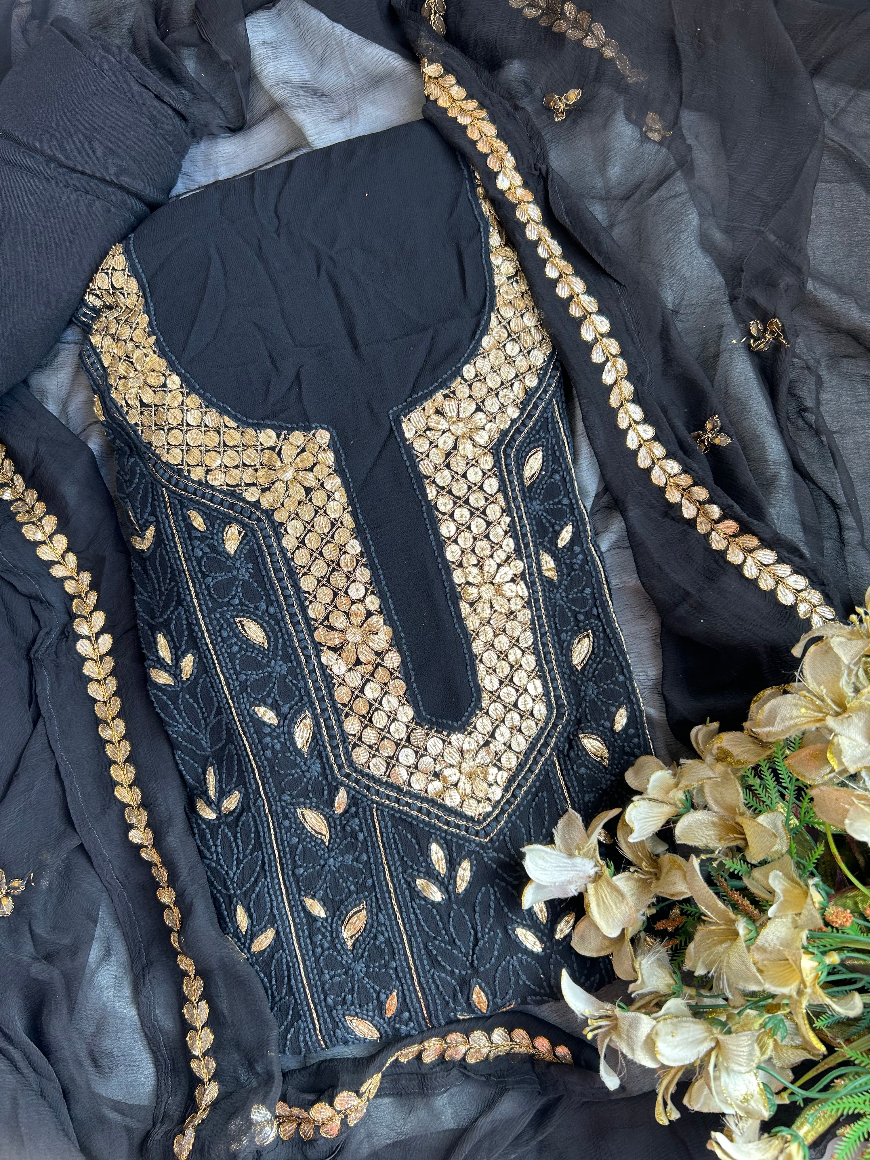 Black Beauty Georgette Chikankari Gota embroidery Unstitched salwar suit set