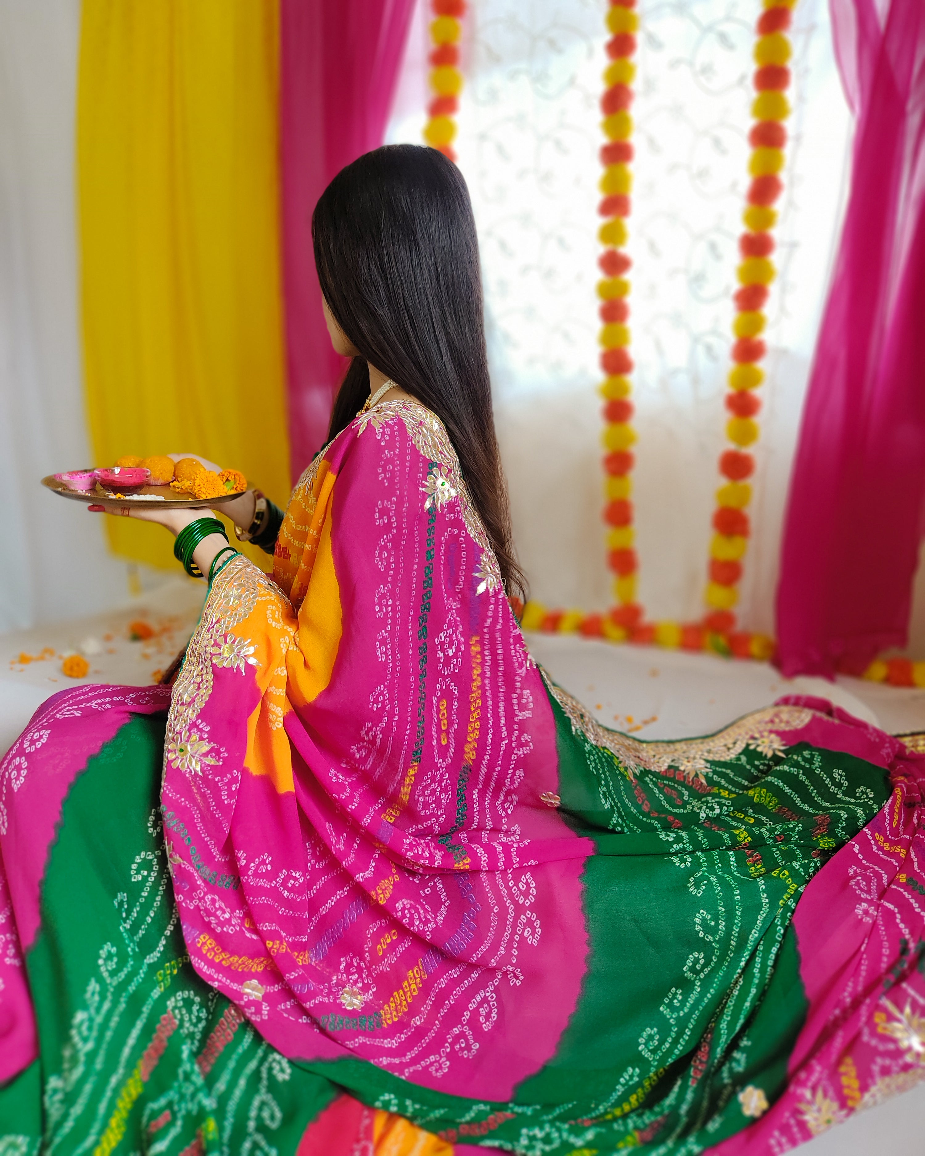  Multi Colour Bandhej Traditional Gota Patti Work saree  