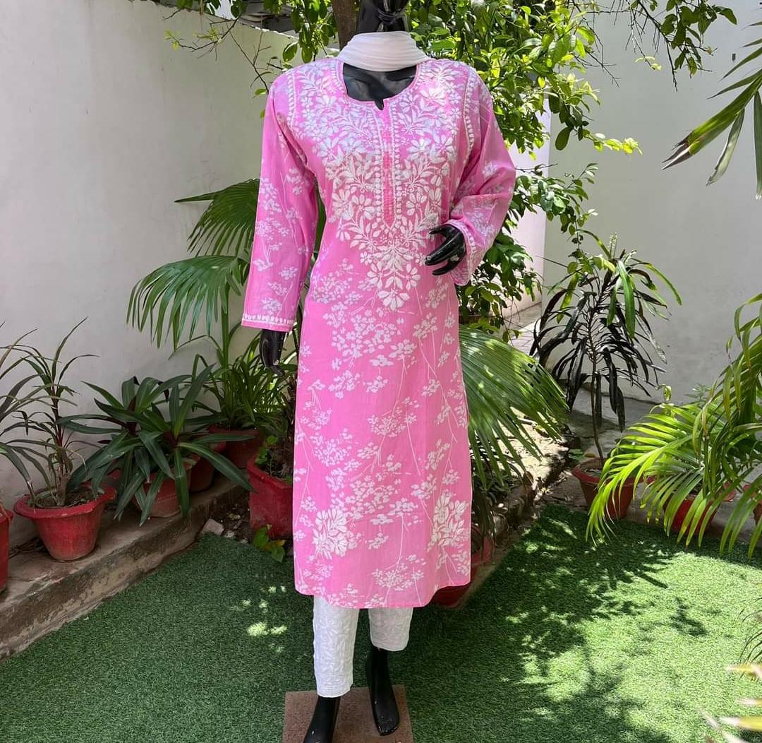 Green Lucknowi Chikankari Kurti and Pant Set In Cotton