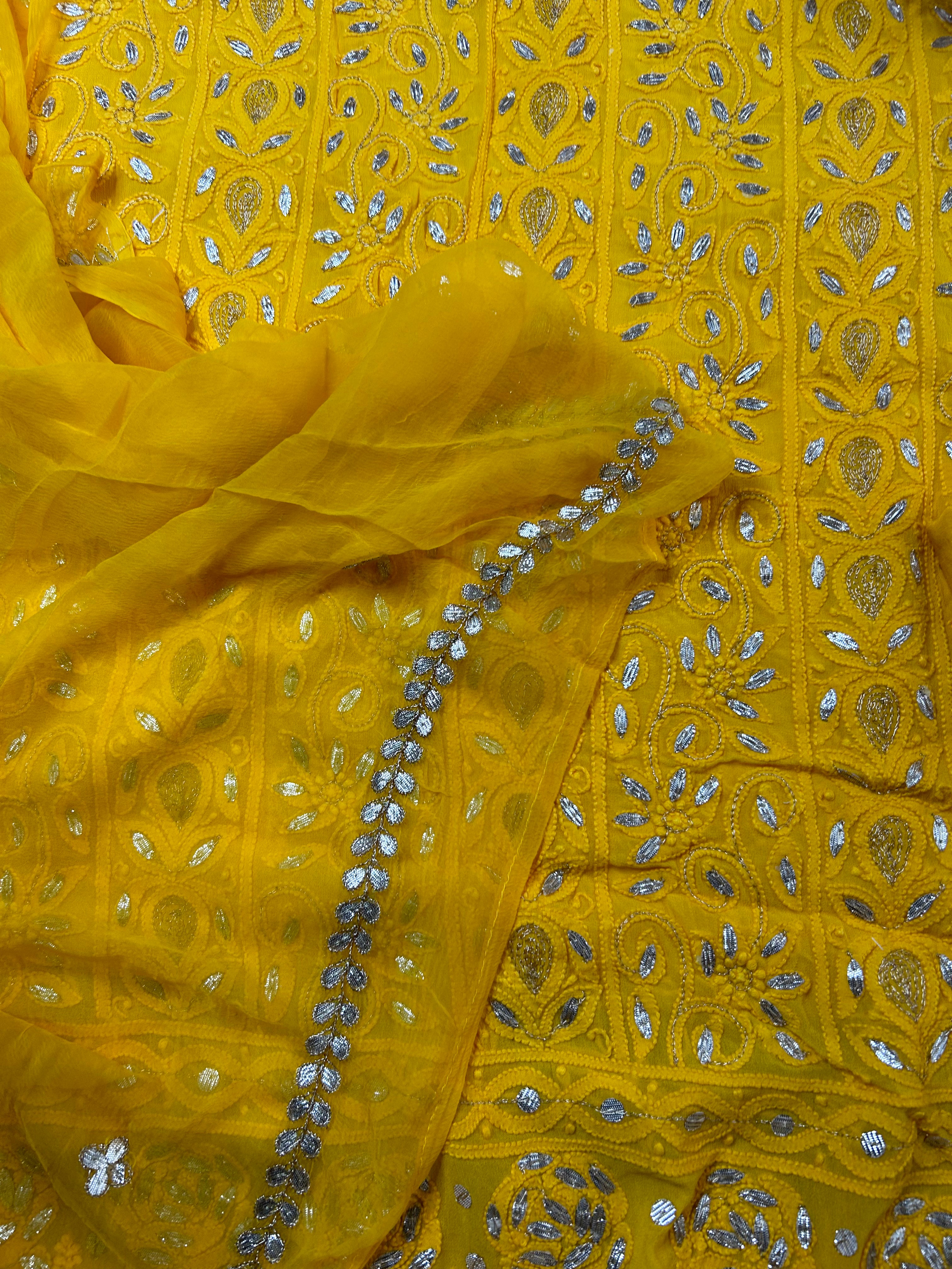 Mustard Yellow Lucknowi Chikankari Gota Patti Unstitched Salwar Suit Online