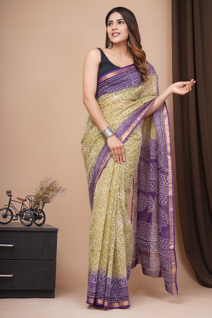 Light Green Hand Print Block Kota Doria Saree