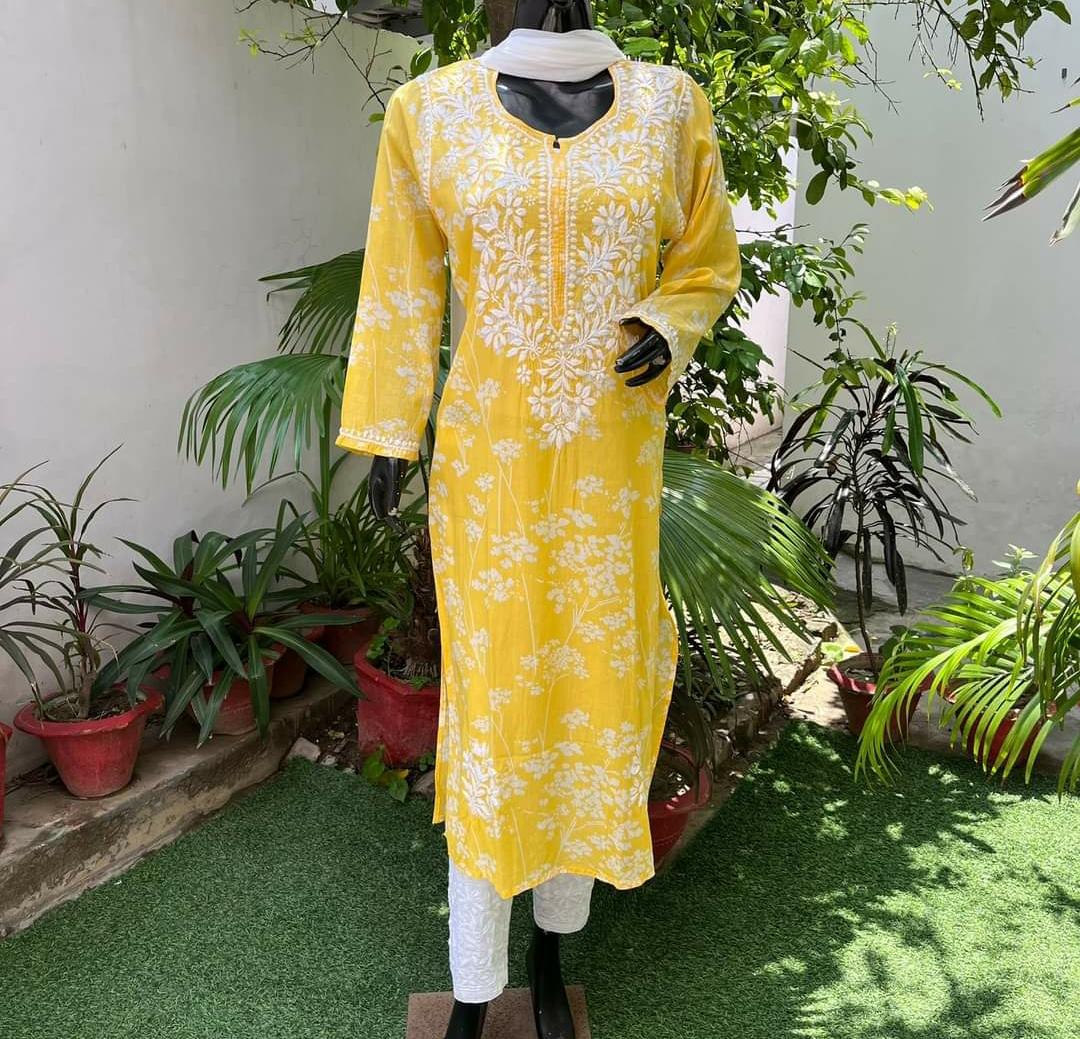 Green Lucknowi Chikankari Kurti and Pant Set In Cotton