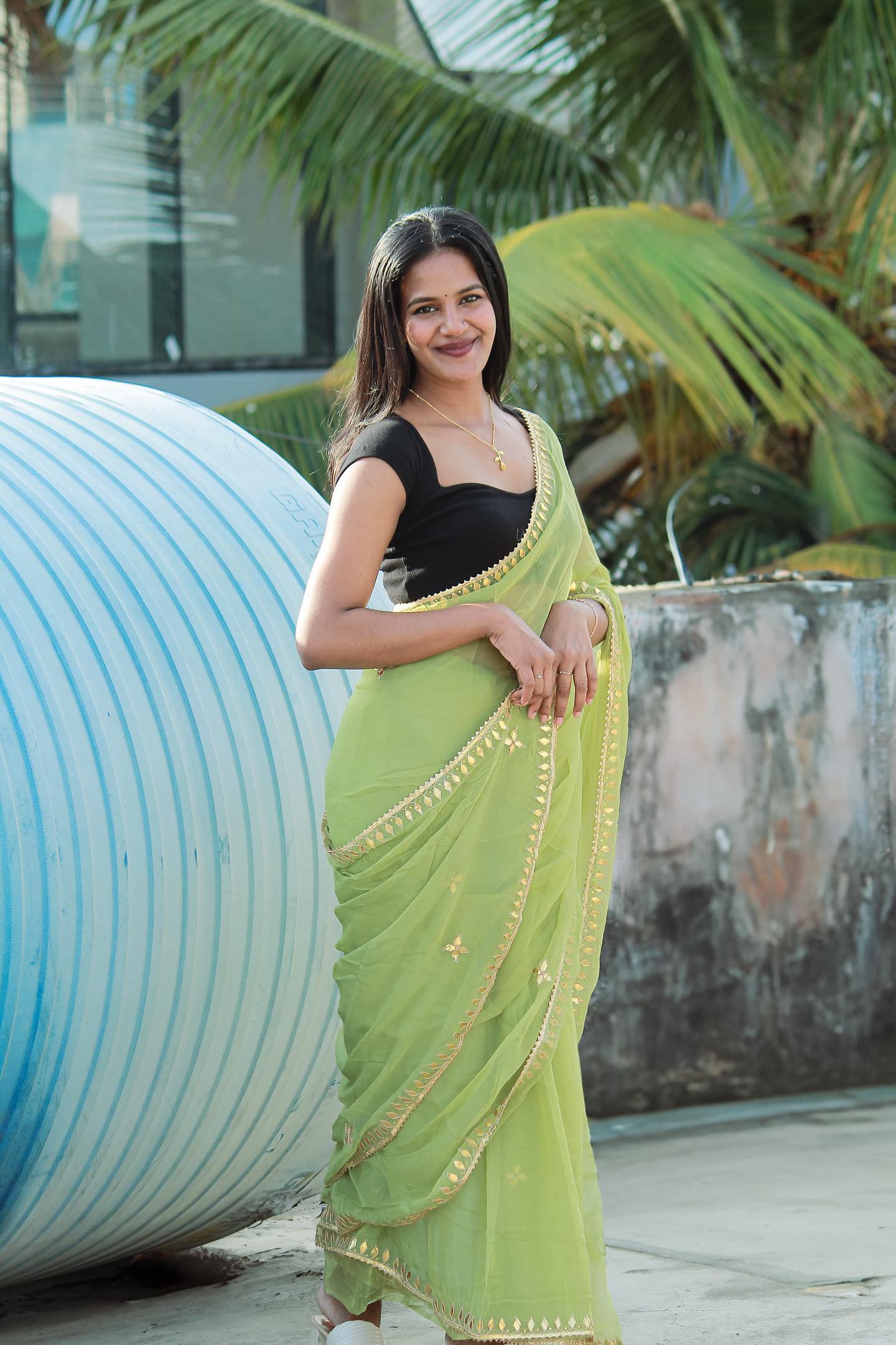 Olive Green Chiffon Gota Patti Partywear Saree