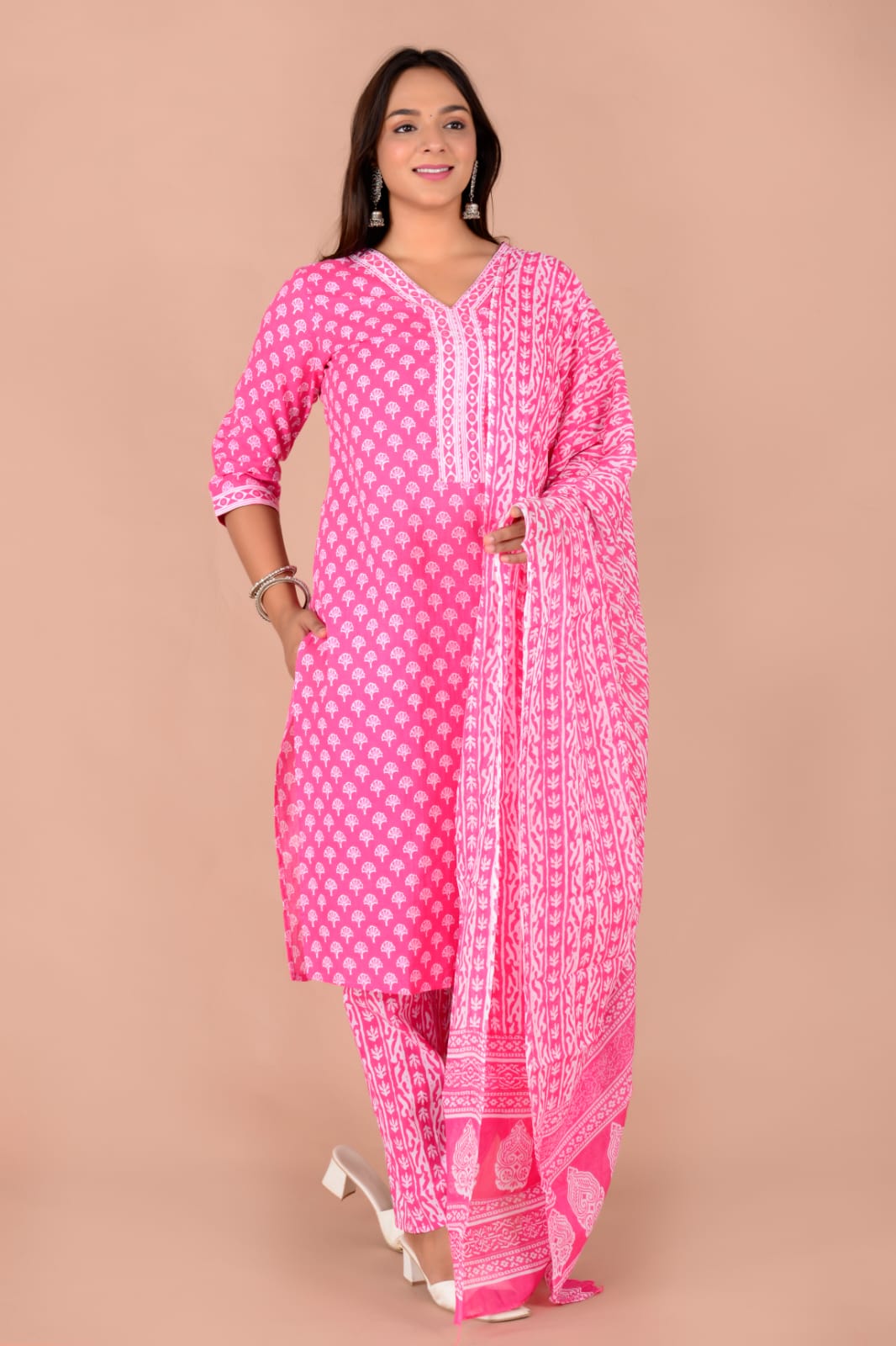 Cute Pink Stitched Cotton Suit Set