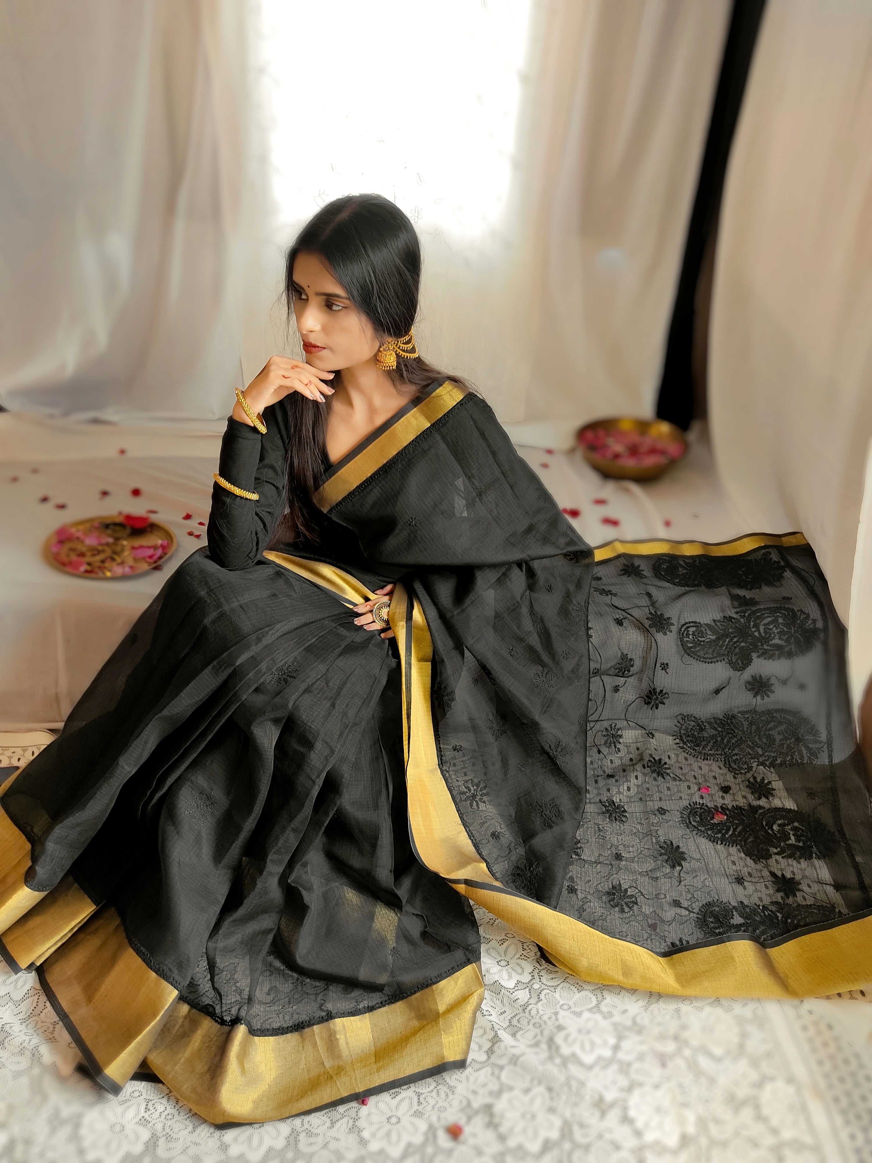 Kota Doria Chikankari Work Saree In Black