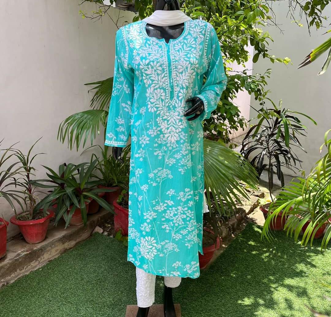 Green Lucknowi Chikankari Kurti and Pant Set In Cotton
