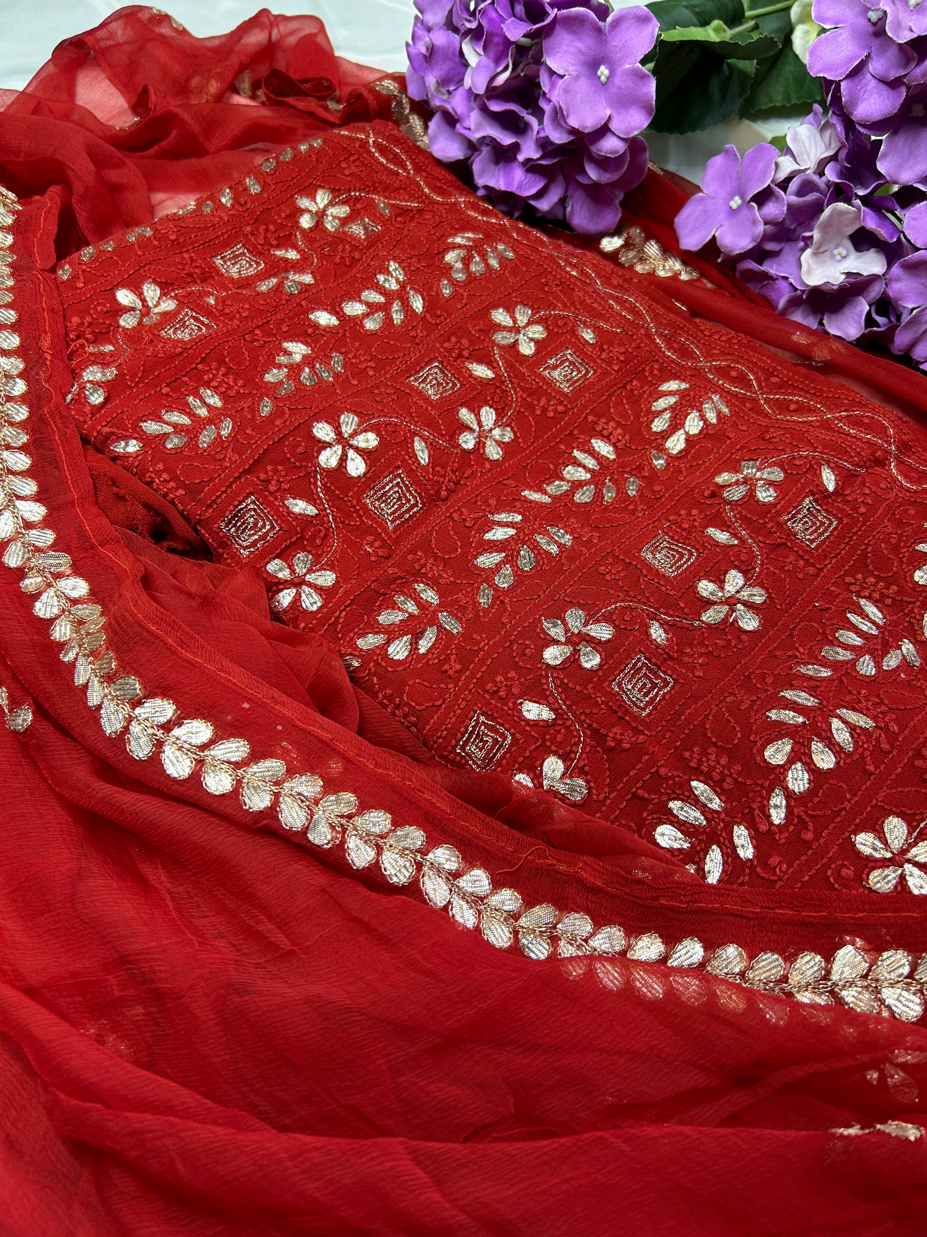 Fancy Chikankari Gota Embroridery Unstitched Salwar Kameez In Gorgeous Red