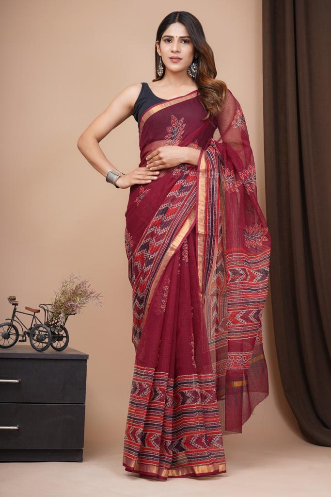 Maroon Block Print Kota Doria Saree