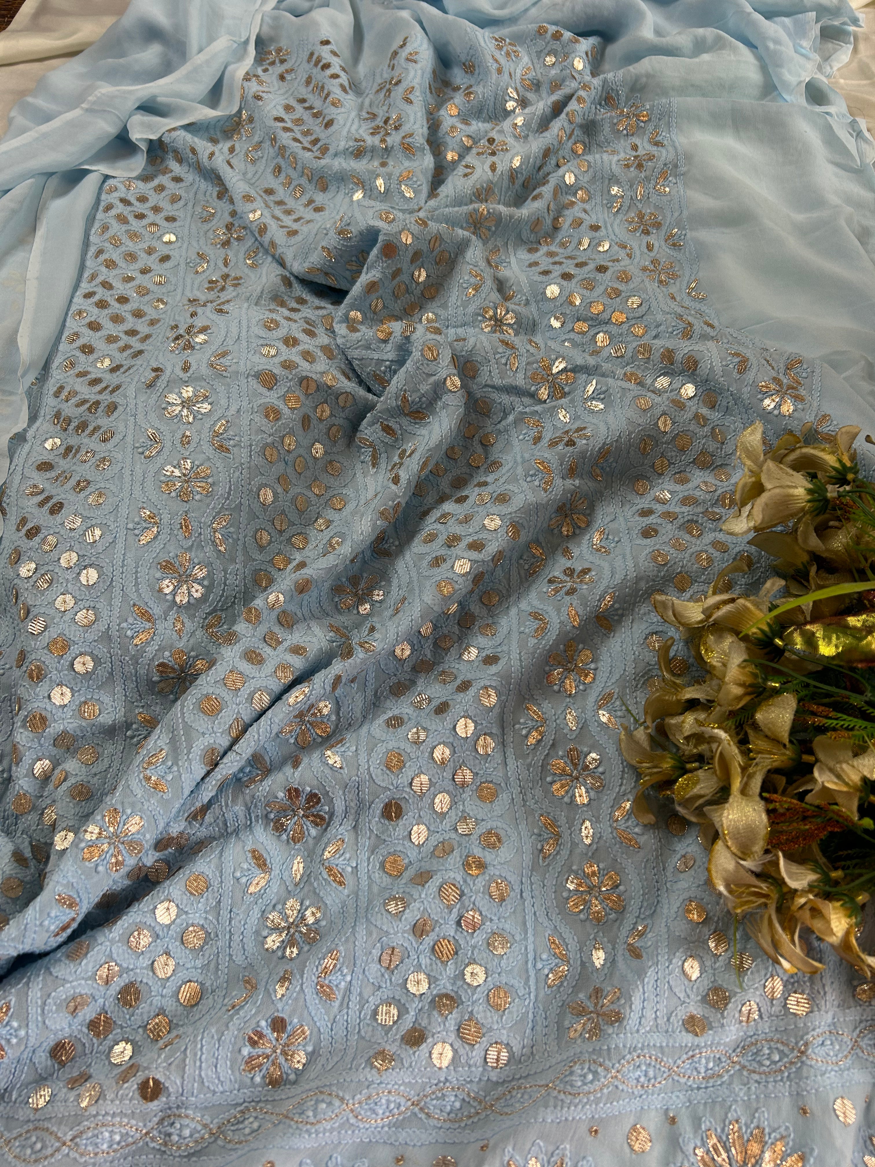 Slate Grey Lucknowi Chikankari Gota Patti Salwar Kameez Unstitched Fabric