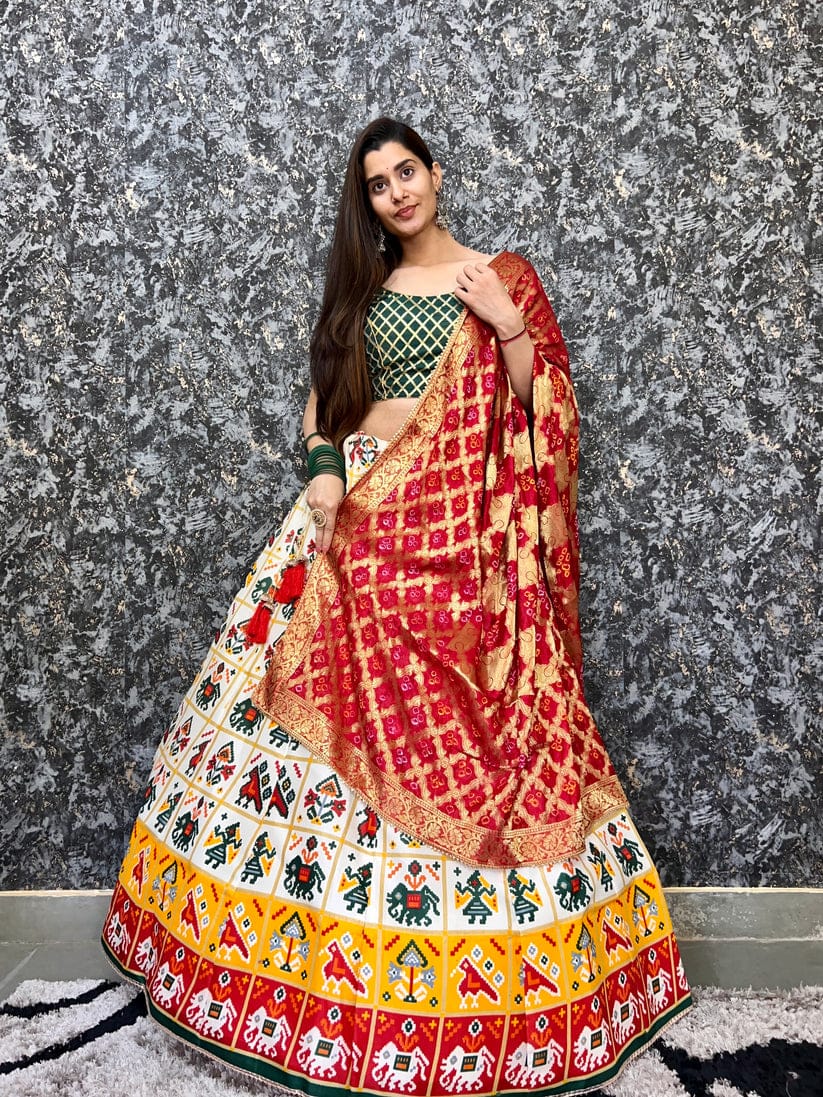 White And Red Patola Print Dola Silk Lehenga