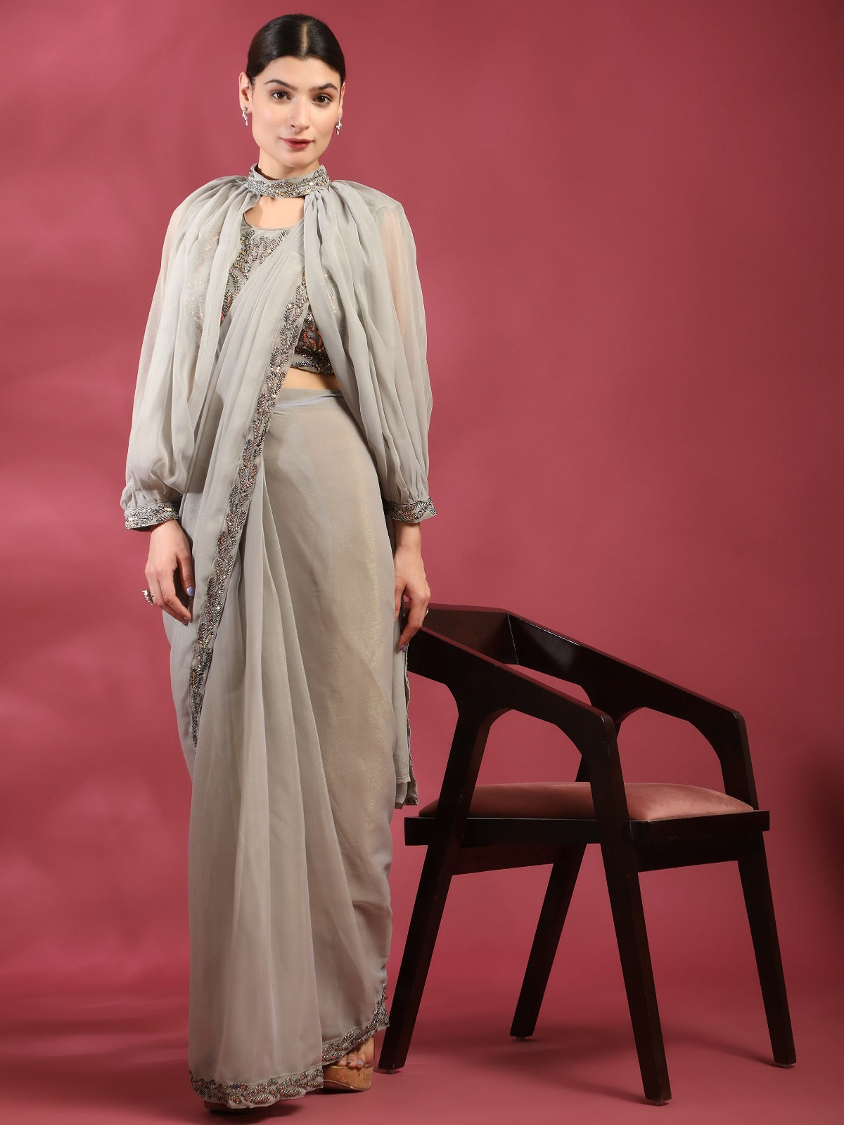 Ready To Wear Saree In Slati Color