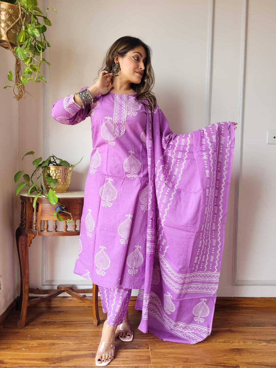 Purple Cotton Suit Set