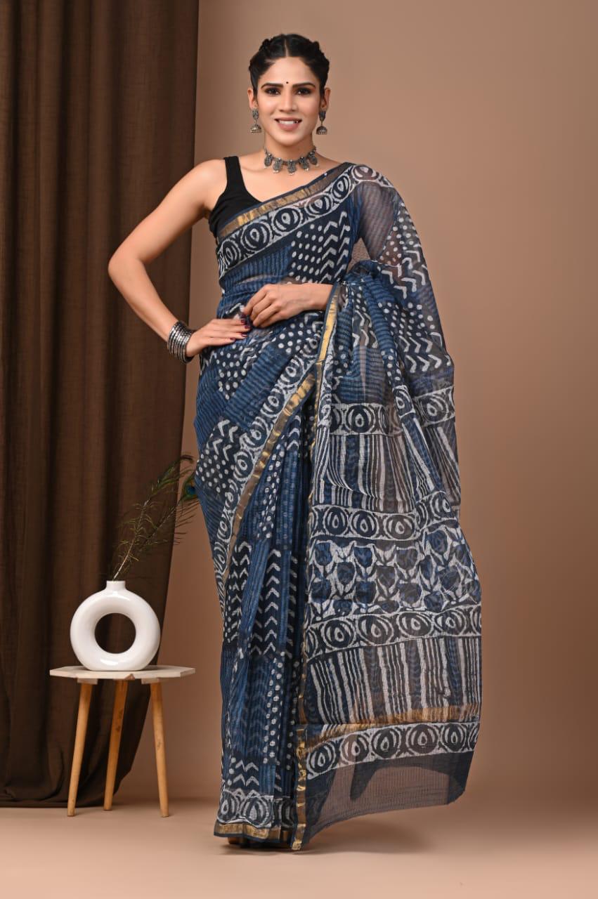 Shyama- Trending Blue Kota Doria Traditional Print Saree