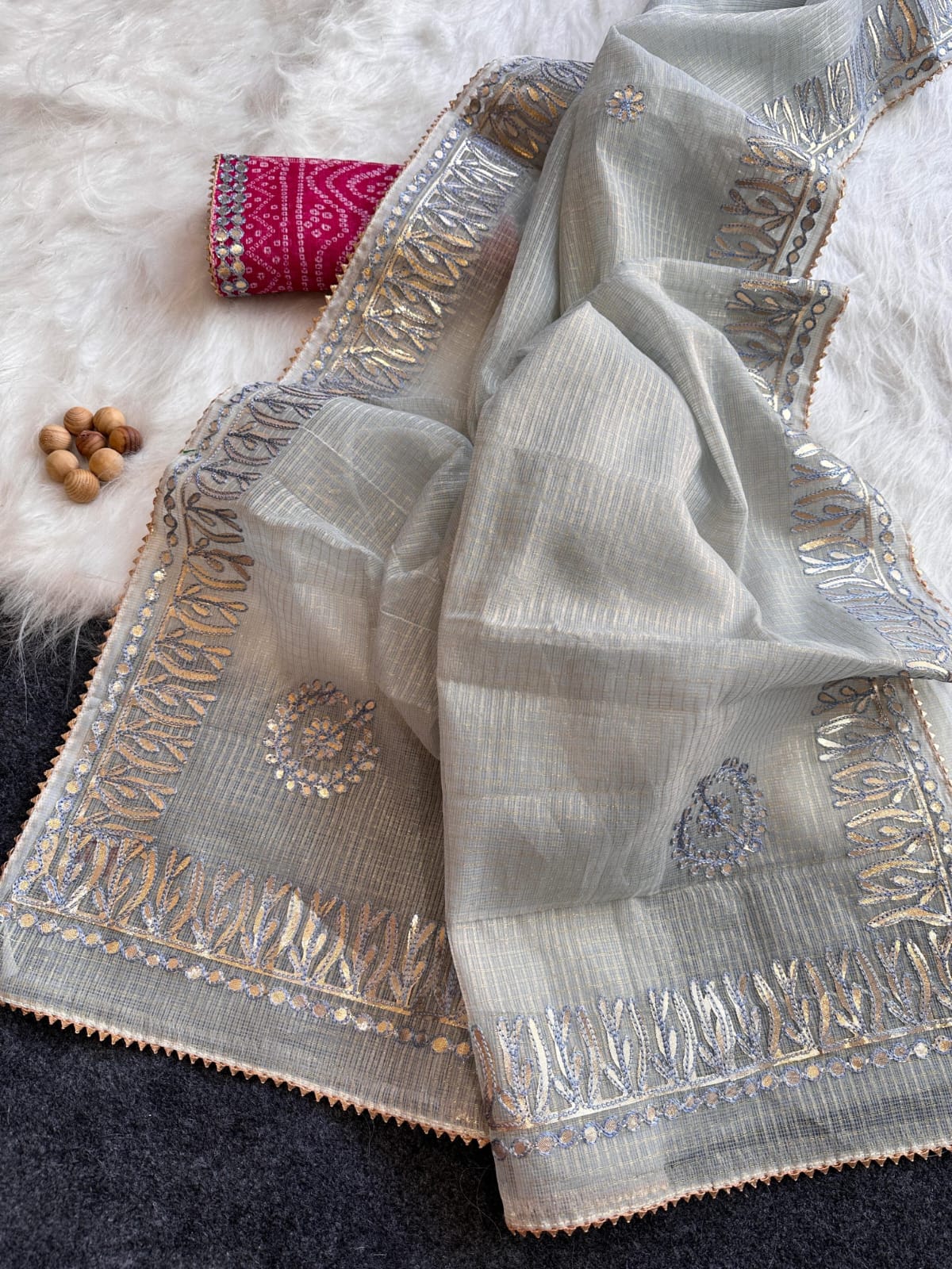 Chandrakanta- Silver Grey Kota Doria Gota Patti Saree 6.5 mtr