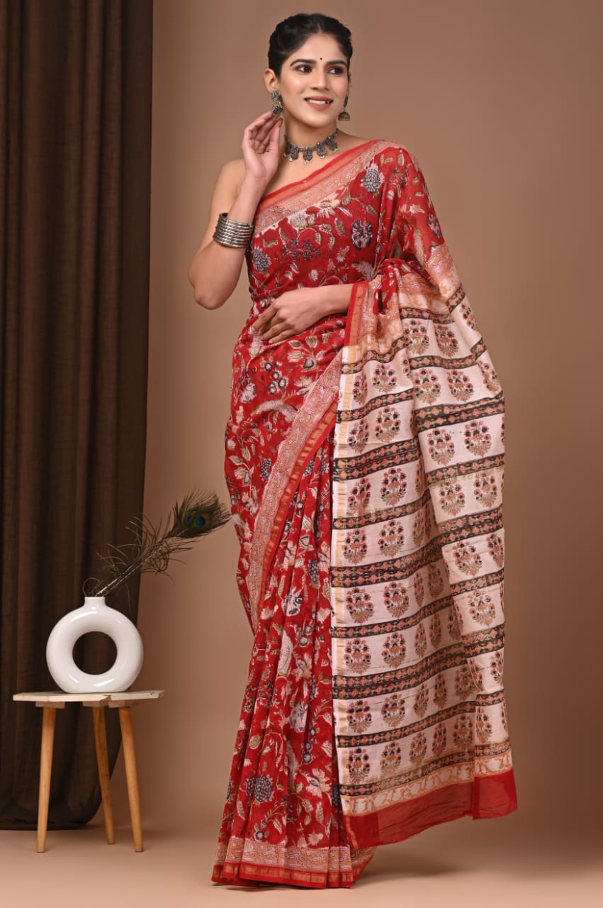 Red Chanderi Hand Block Printed Saree