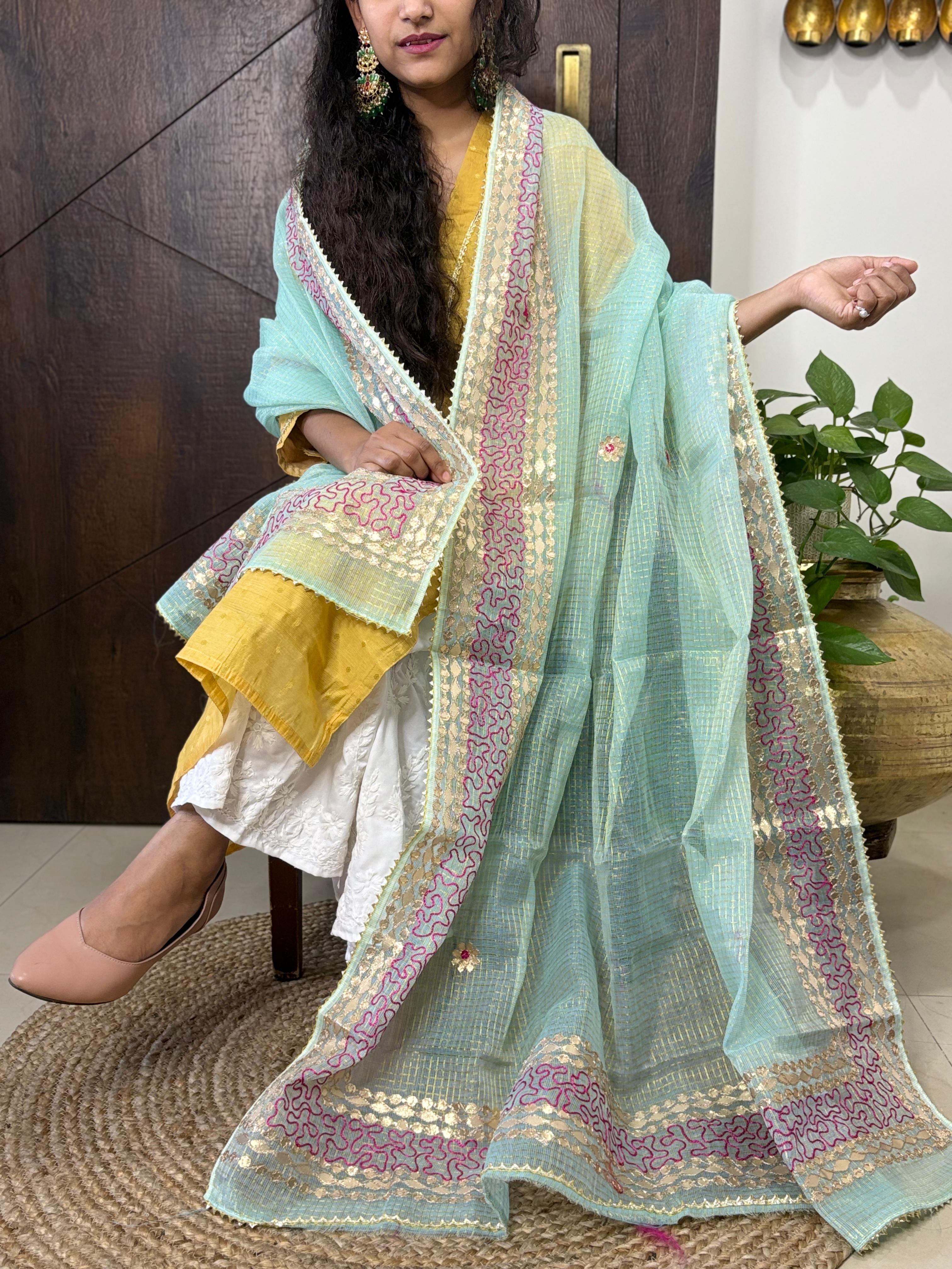 Blue Kota Doria Heavy Gota Patti Work Dupatta