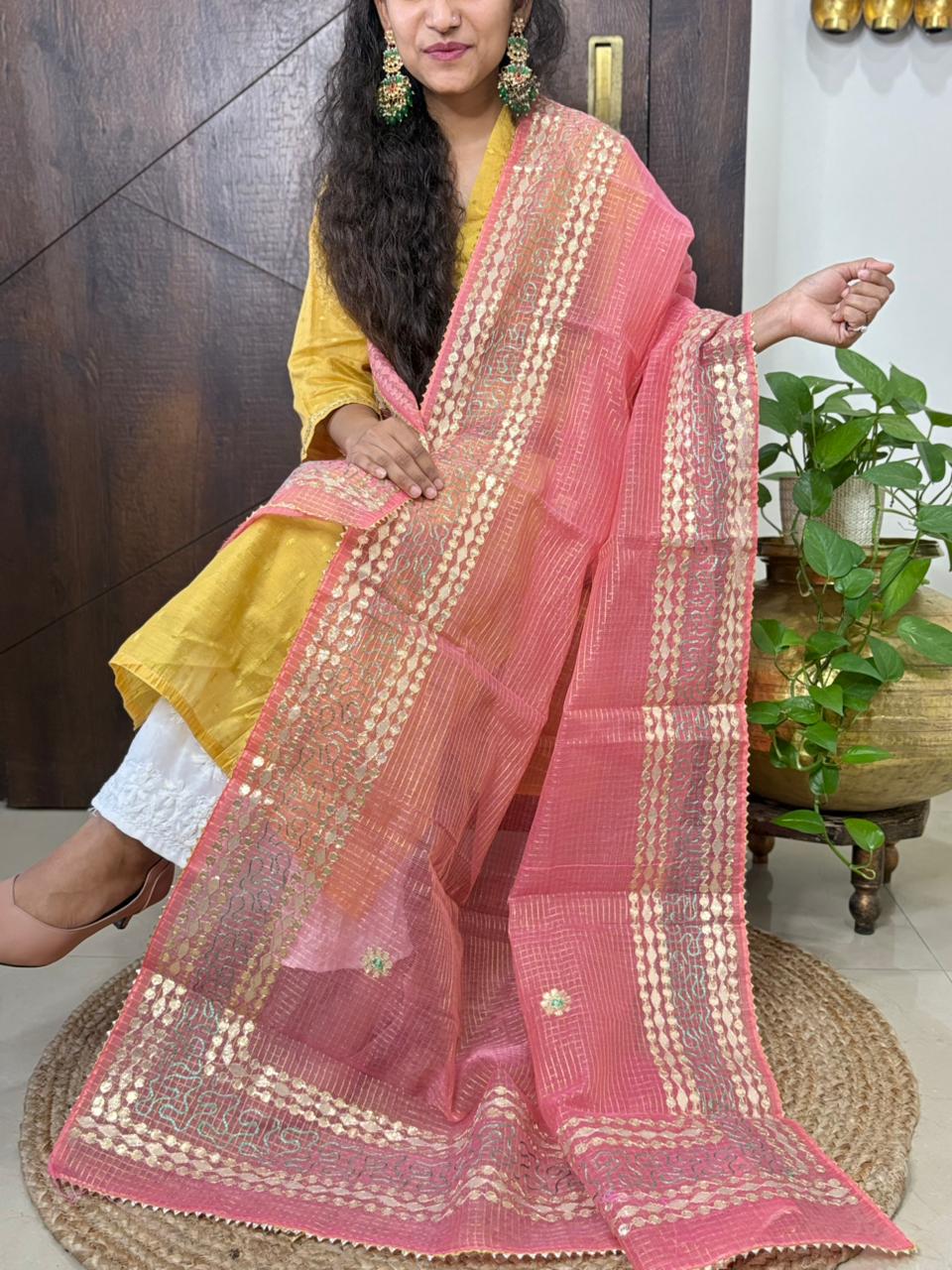 Pink Kota Doria Heavy Gota Patti Work Dupatta