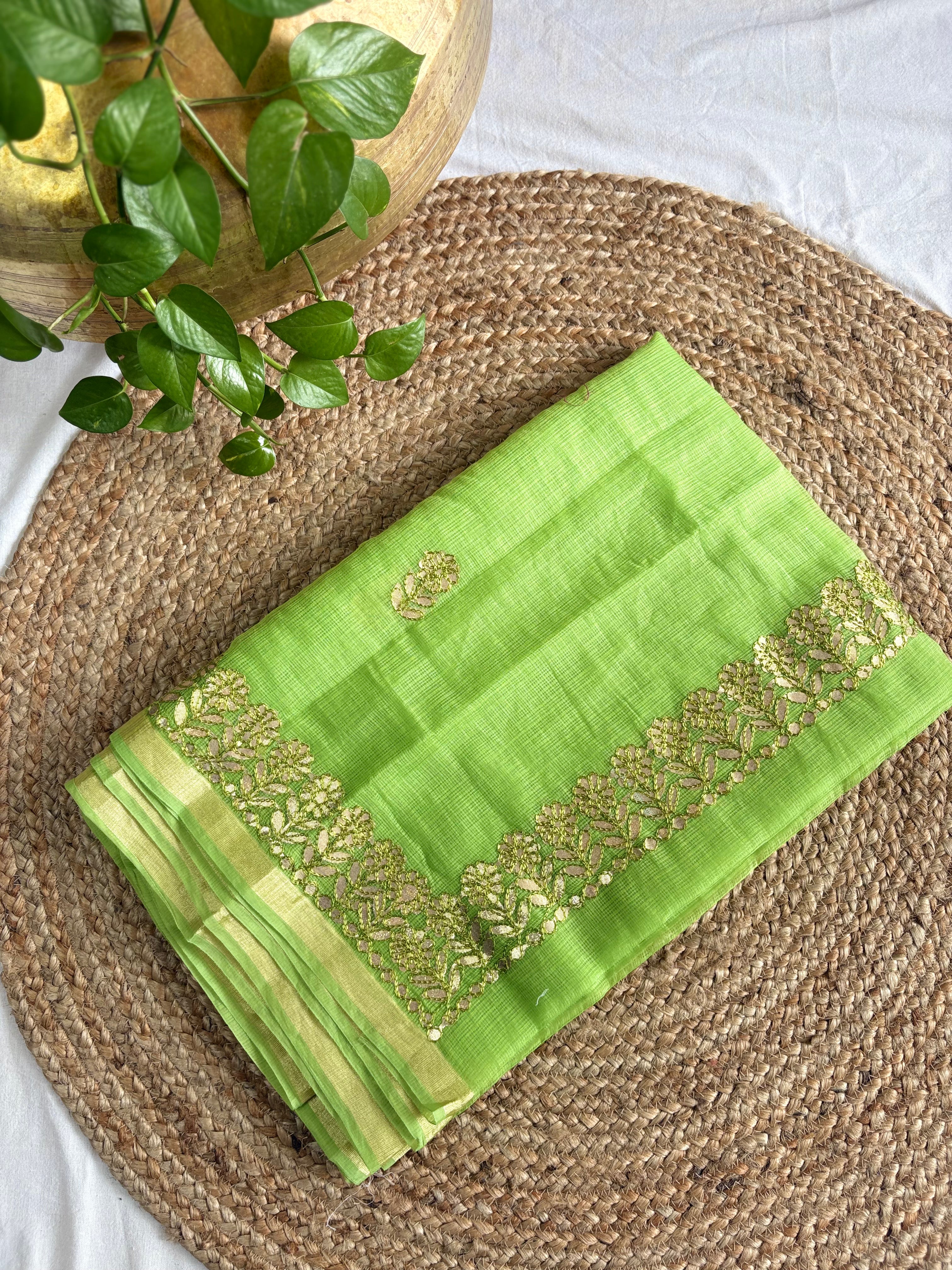 Green Kota Doria Gota Patti Saree