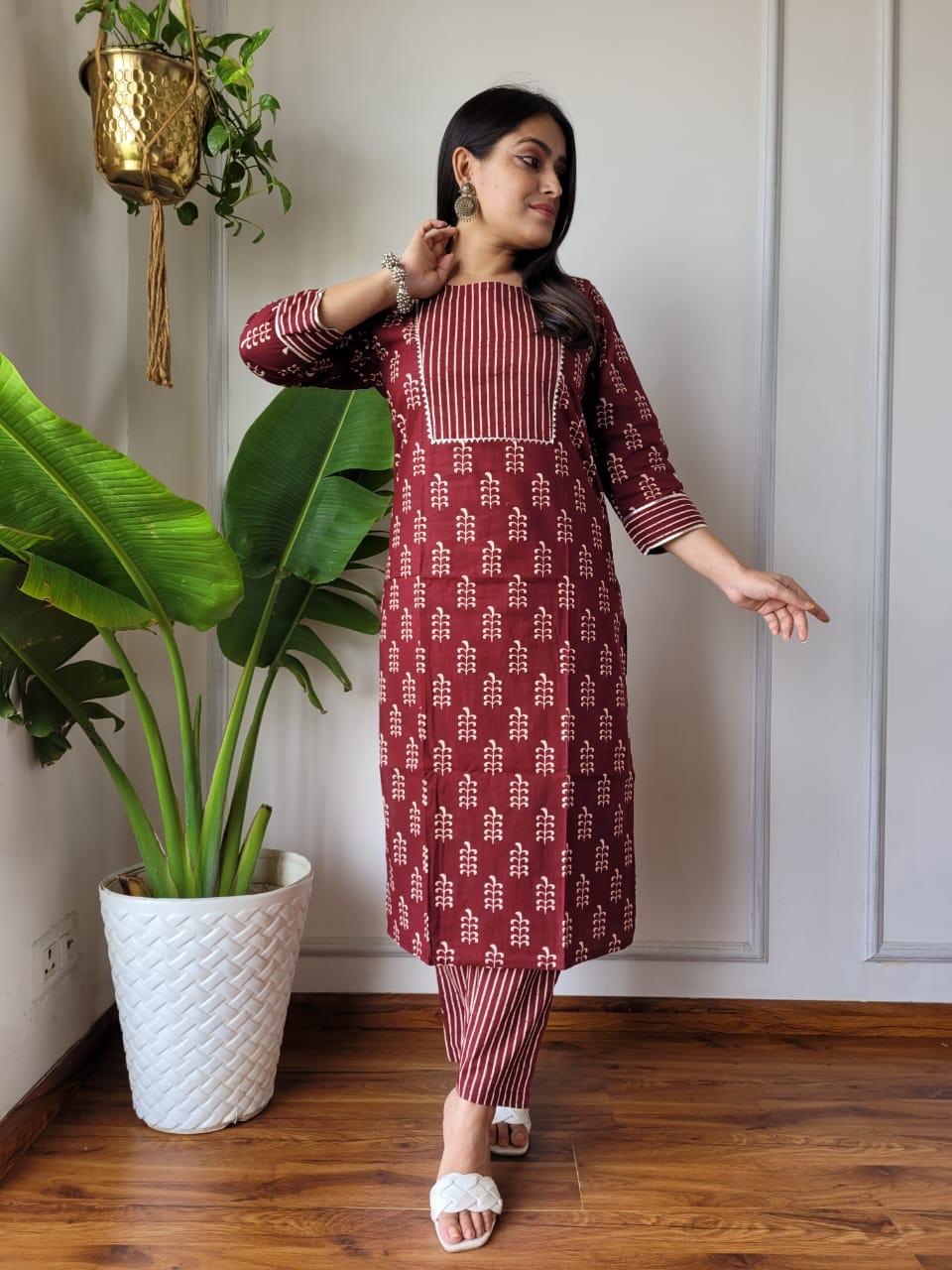 Dark Maroon Bagru Hand Block Printed Suit