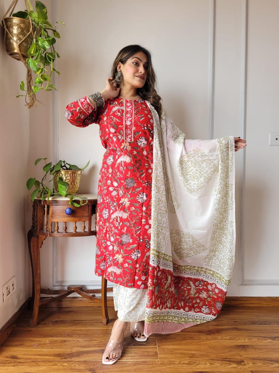Red Stitched Cotton Suit Set