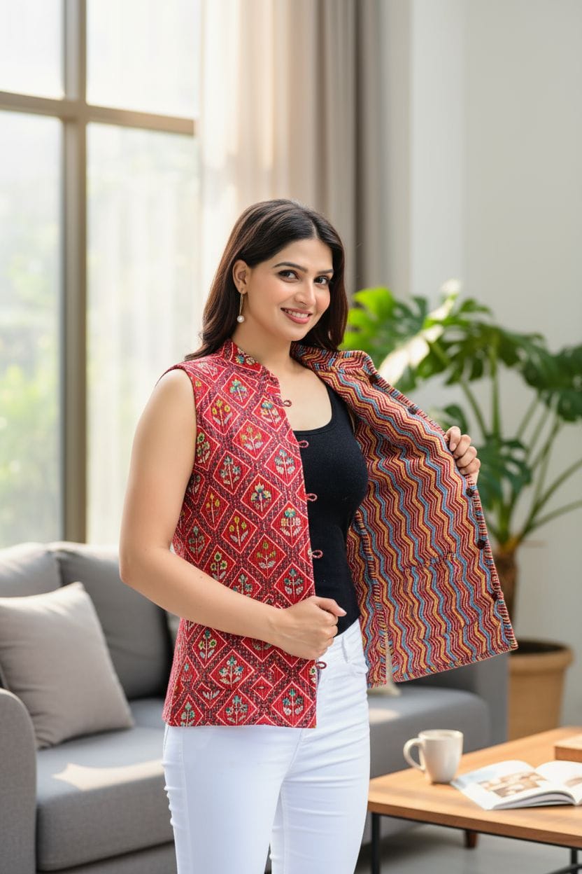 Beautiful Red Pure Cotton Quilted Reversible Print Jackets