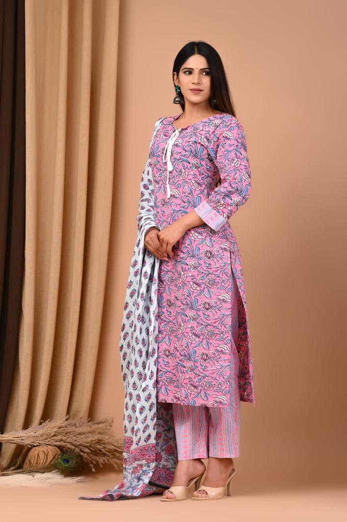 Pink Block Print Suit Set And Dupatta