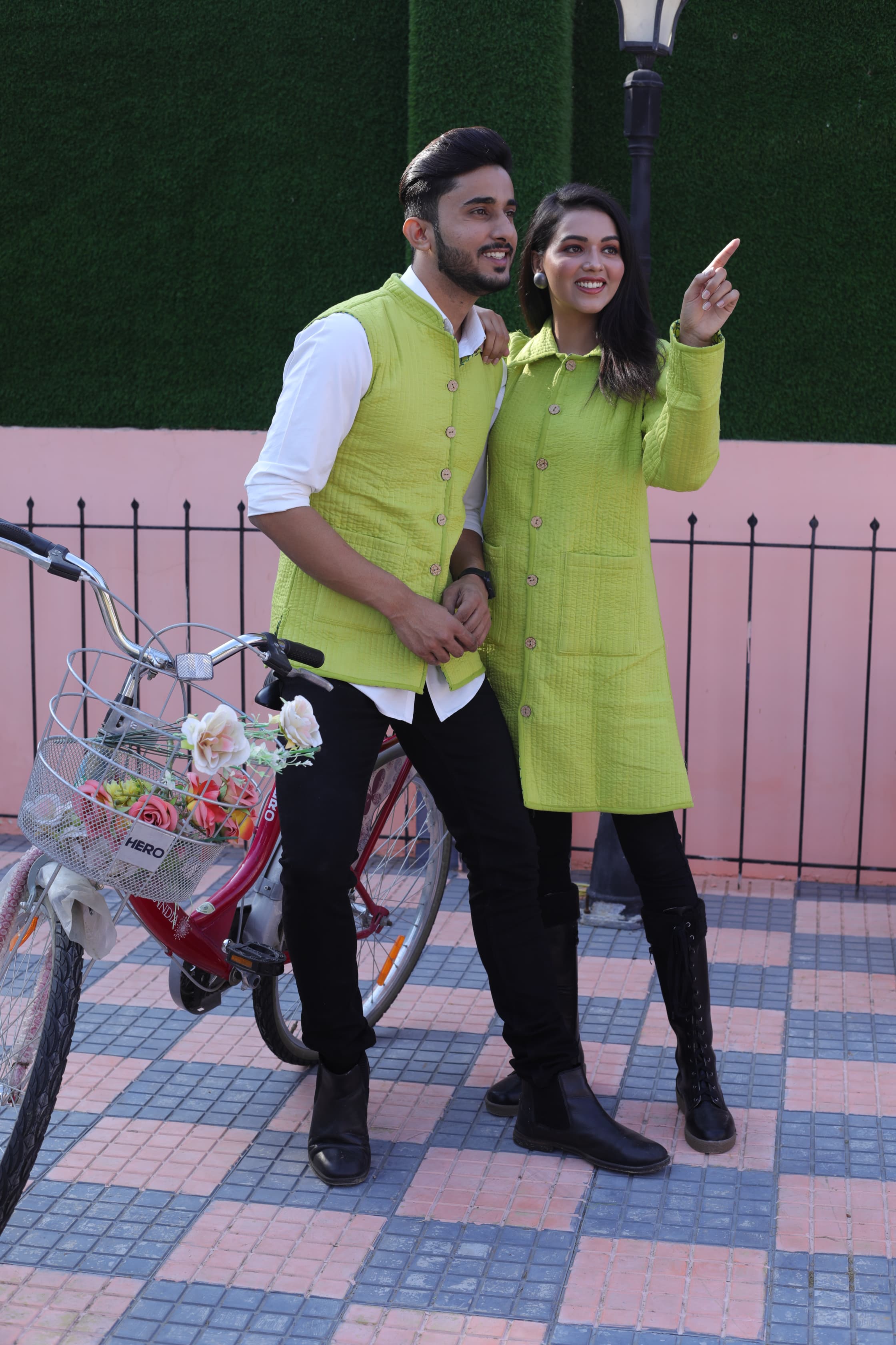 Lemon Green Color Twinning Couple Pure Cotton Bagru Print Quilted Reversible Jackets