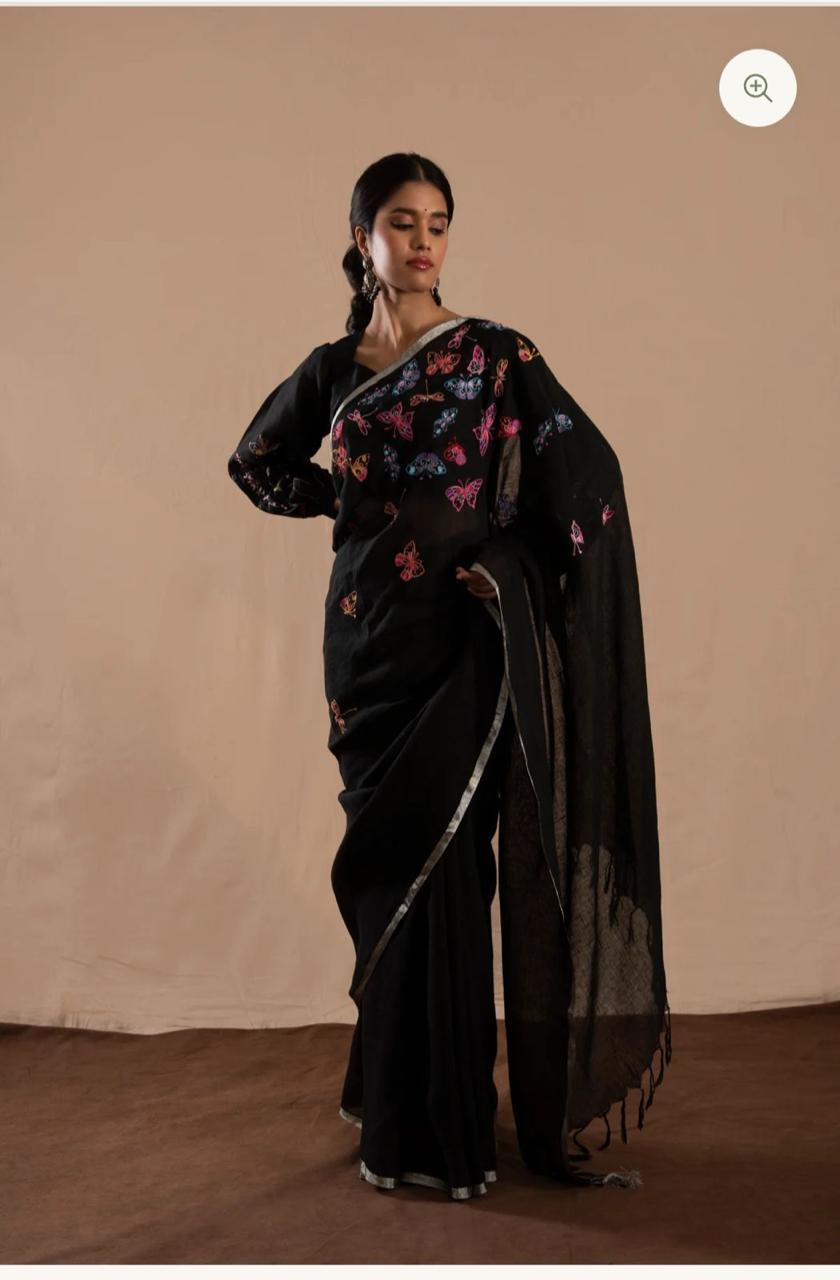 Linen Embroidery Saree In Black