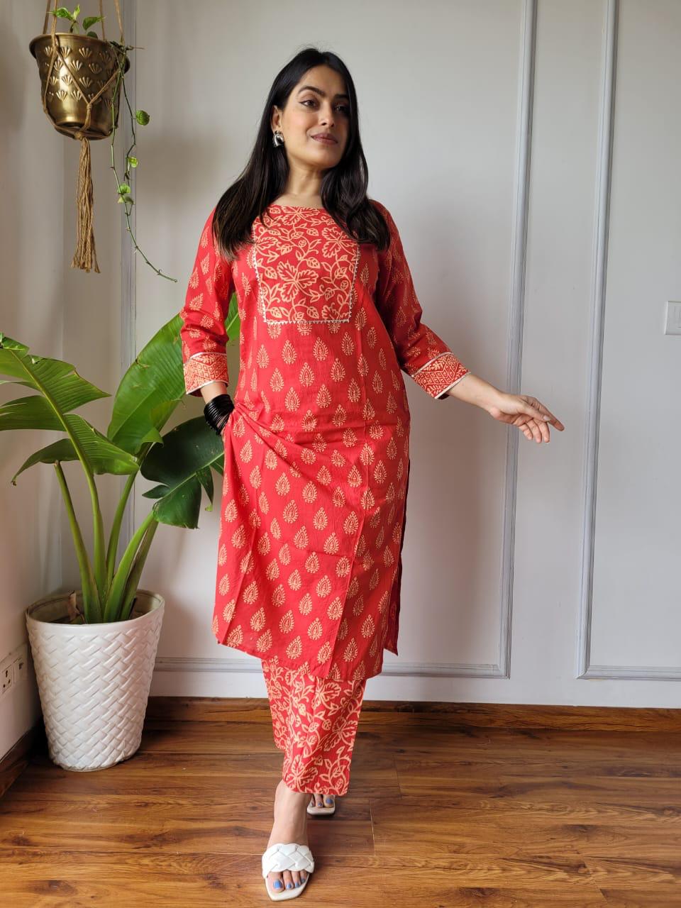 Red Bagru Hand Block Printed Suit