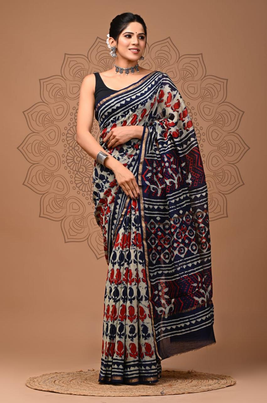 Blue Colour Chanderi Hand Block Printed Saree