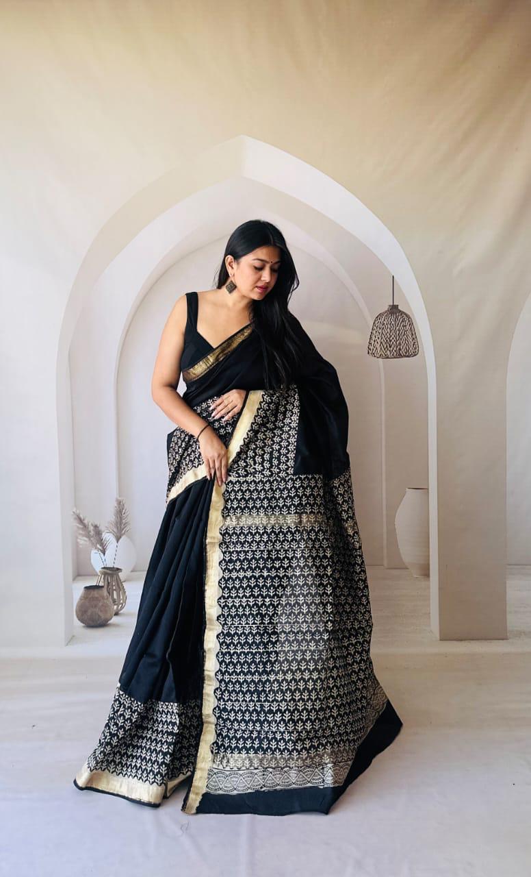 Black Maheshwari Silk Bagru Hand Block Print Saree