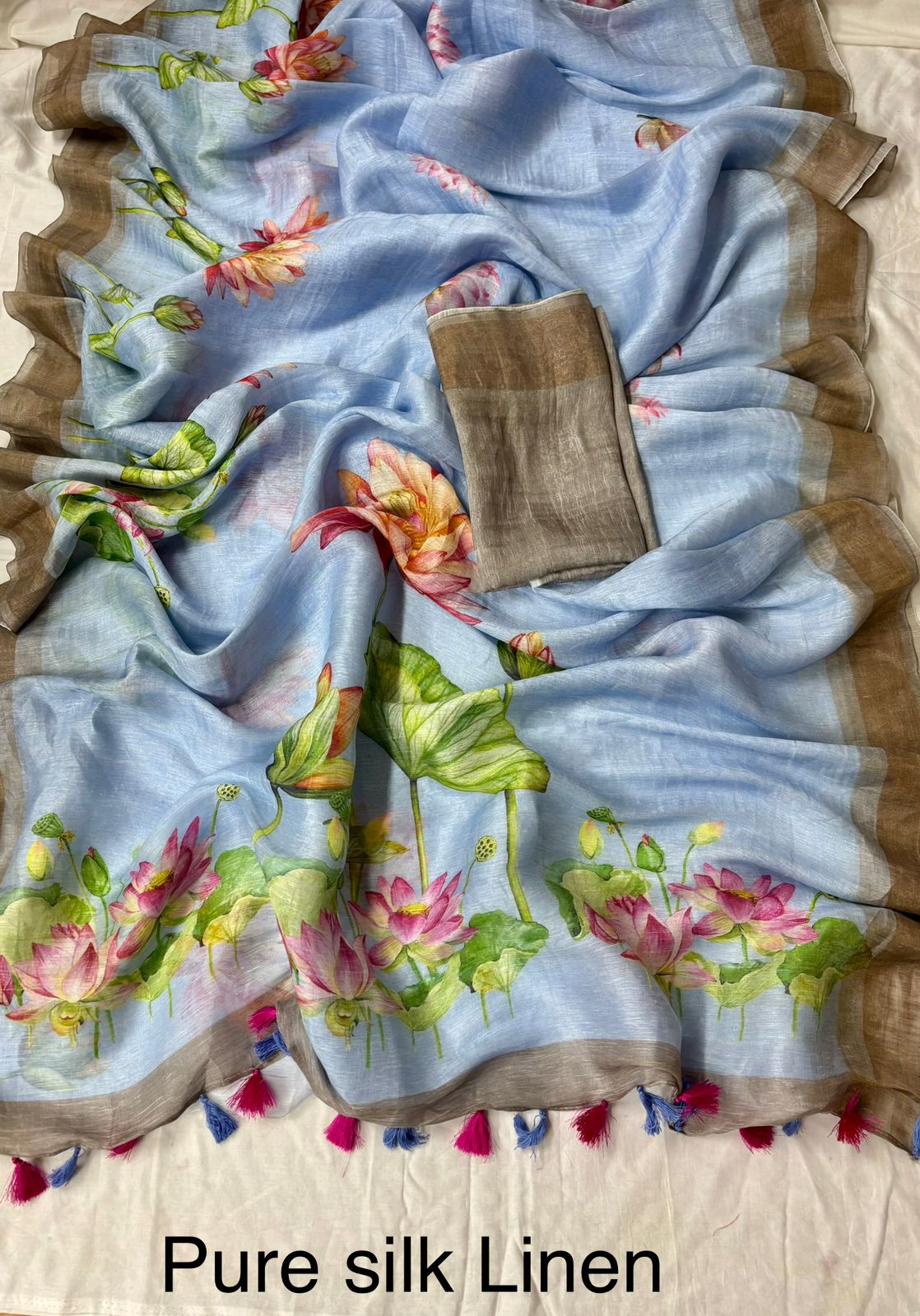 Keya Light Blue Floral Pure Linen Saree