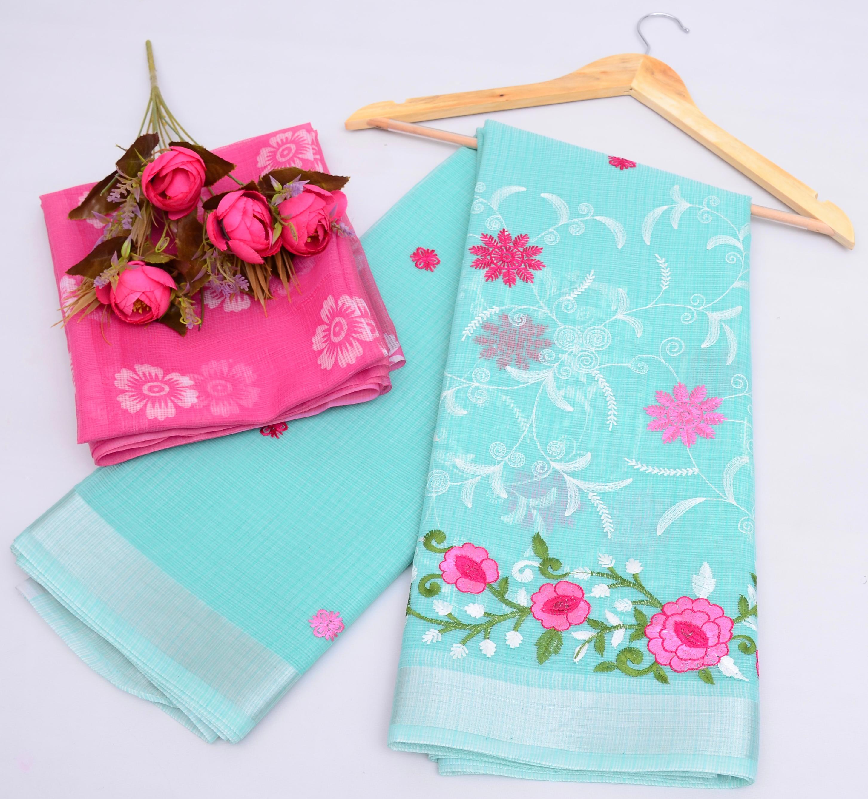 Sushila- Light Blue Kota Doria Embroidery Work Saree