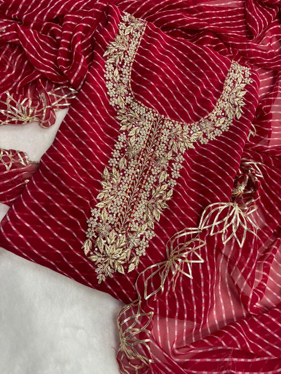 Beautiful Red Color Leheriya Gota Patti Work Suit