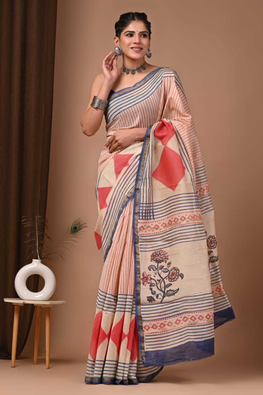 Cream Chanderi Hand Block Printed Saree