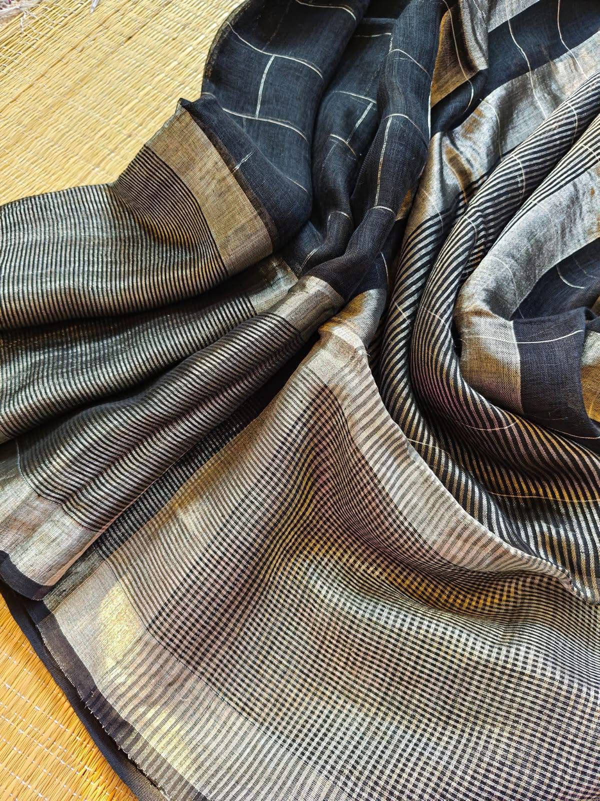 Nandika Black Pure Linen Saree