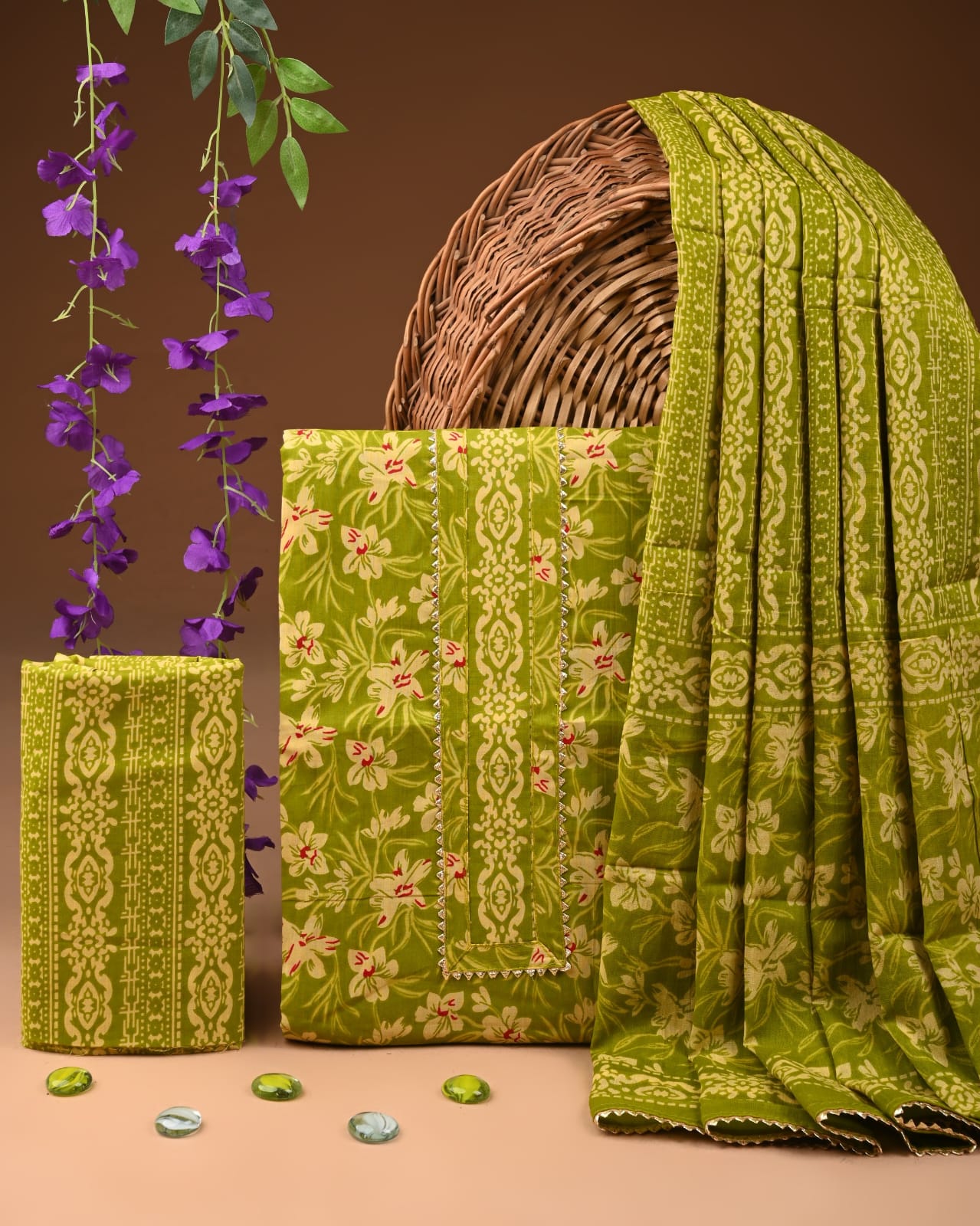 Green Cotton Suit Set With Gota Work