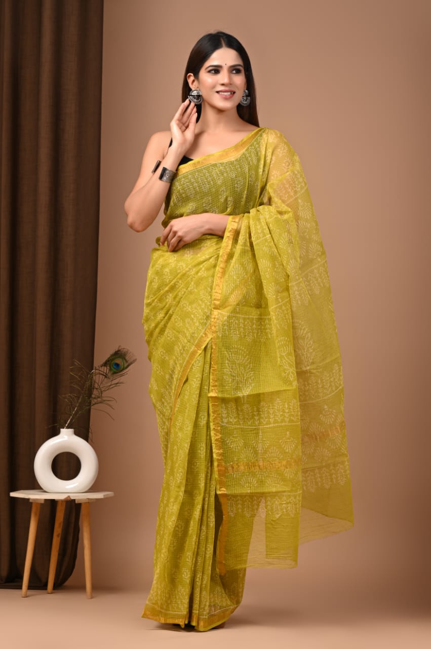 Ragini- Authentic Soft Yellow Traditional Kota Doriya Print Saree
