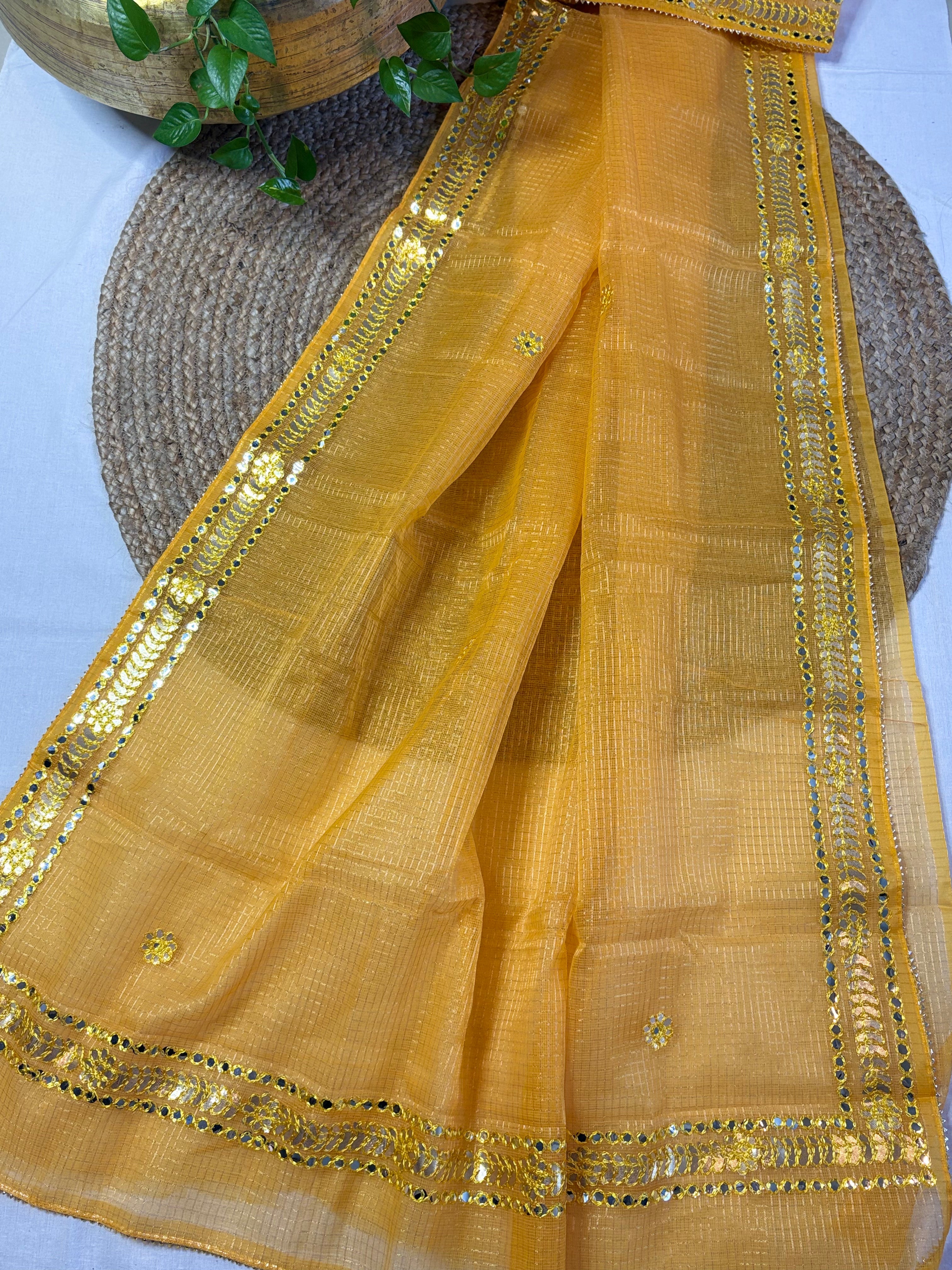 Yellow Kota Doria Gota Patti Saree