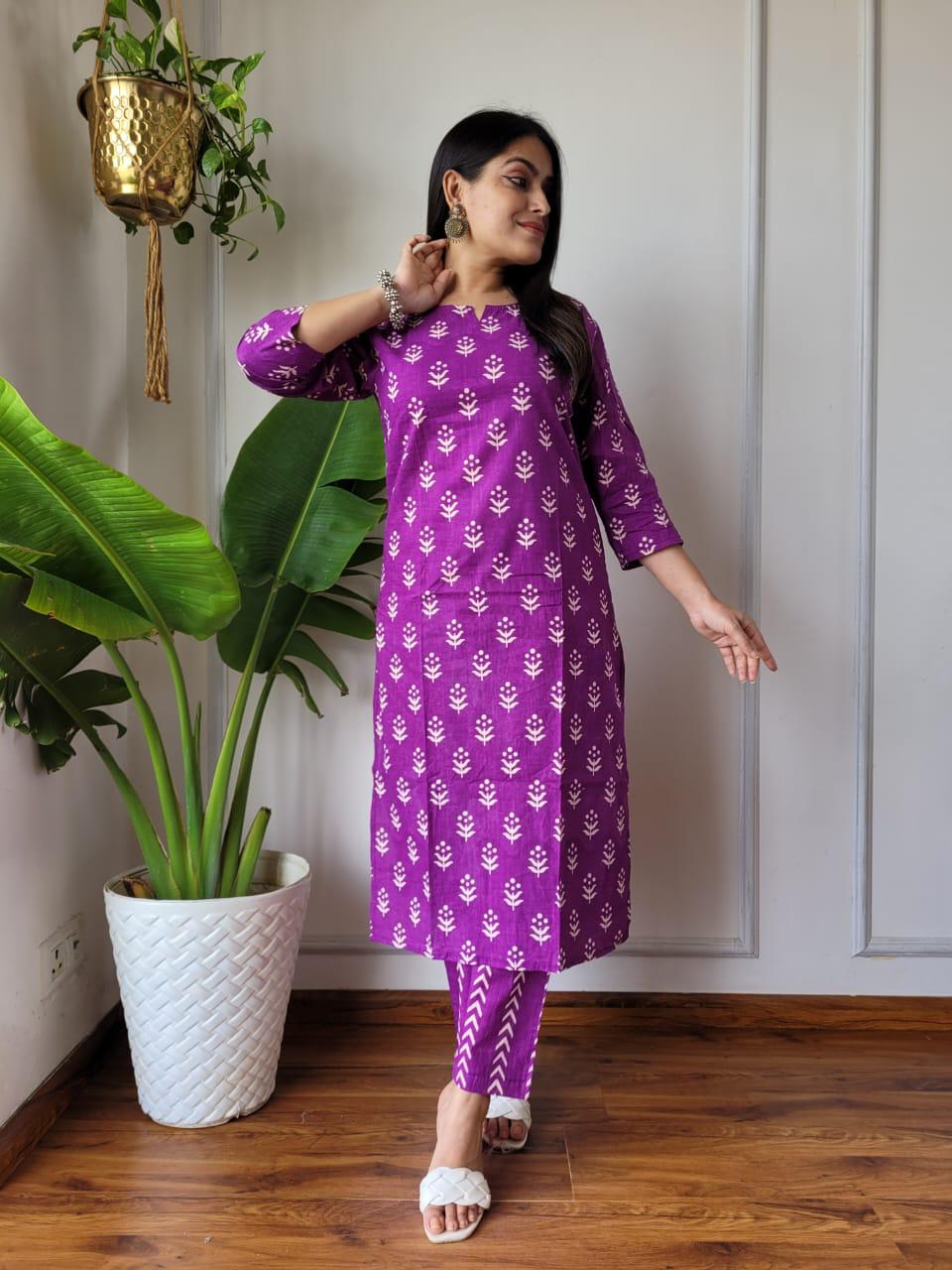 Purple Bagru Hand Block Printed Suit