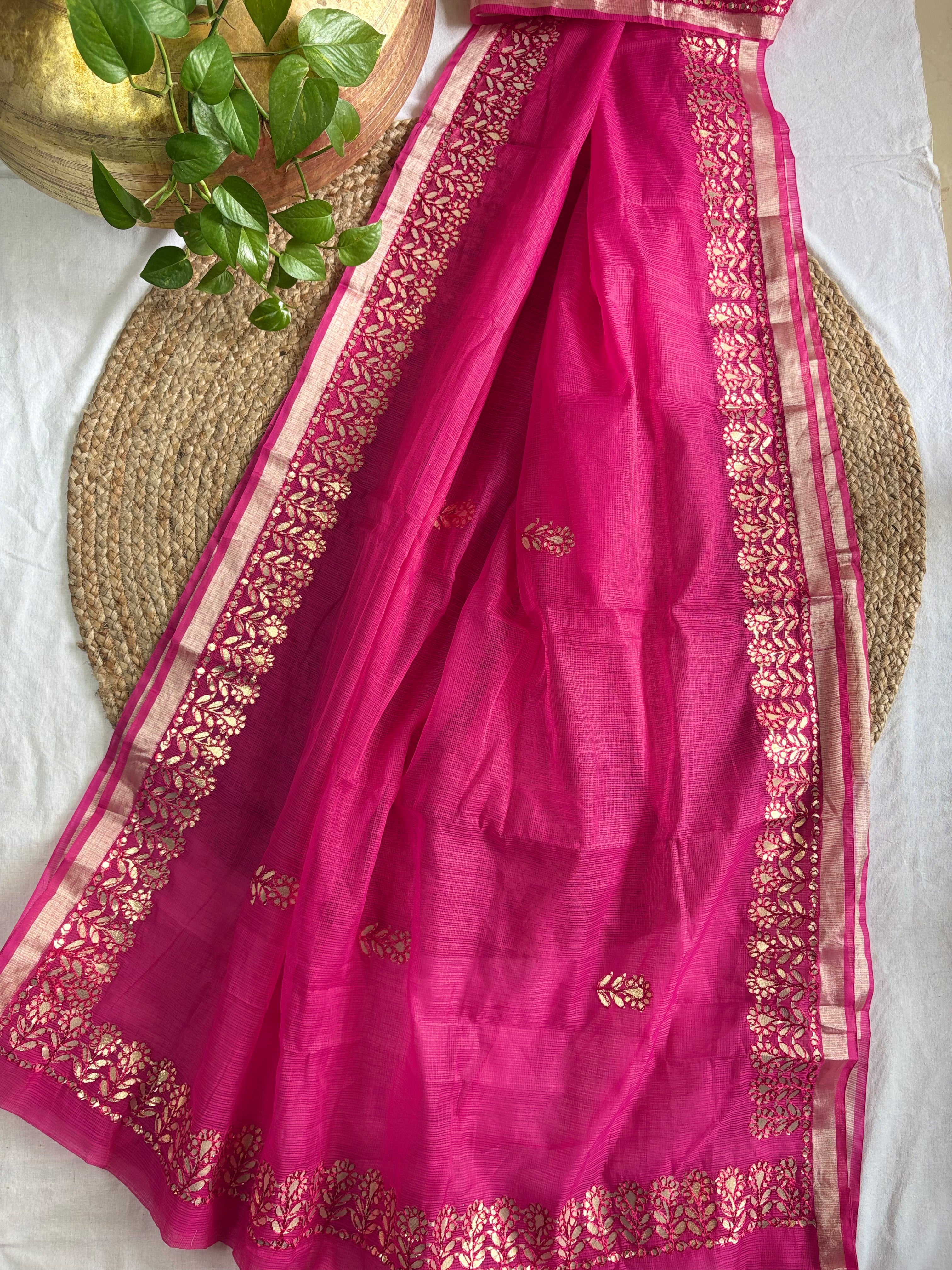 Rani Pink Kota Doria Gota Patti Saree