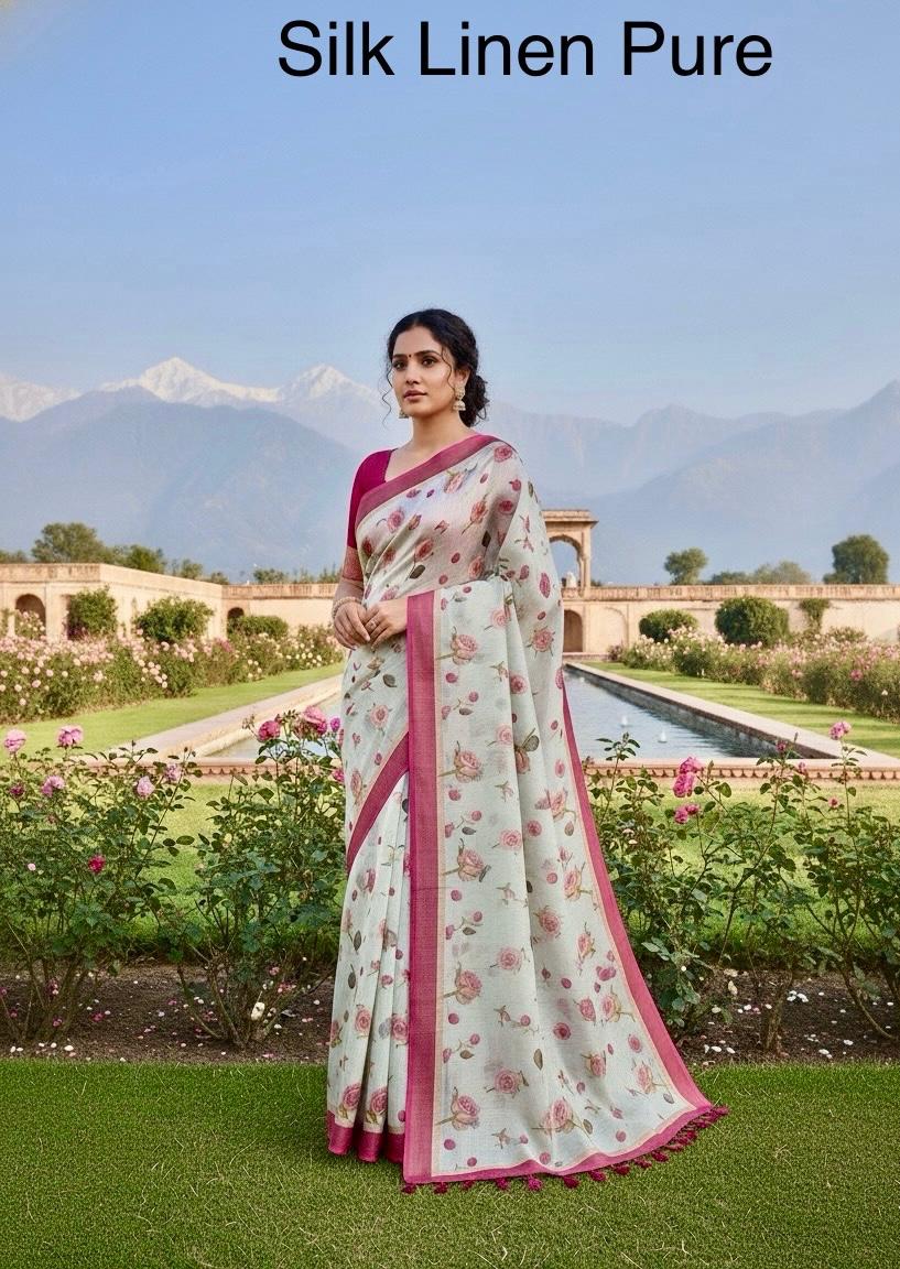 Anvi Off White Floral Pure Linen Saree
